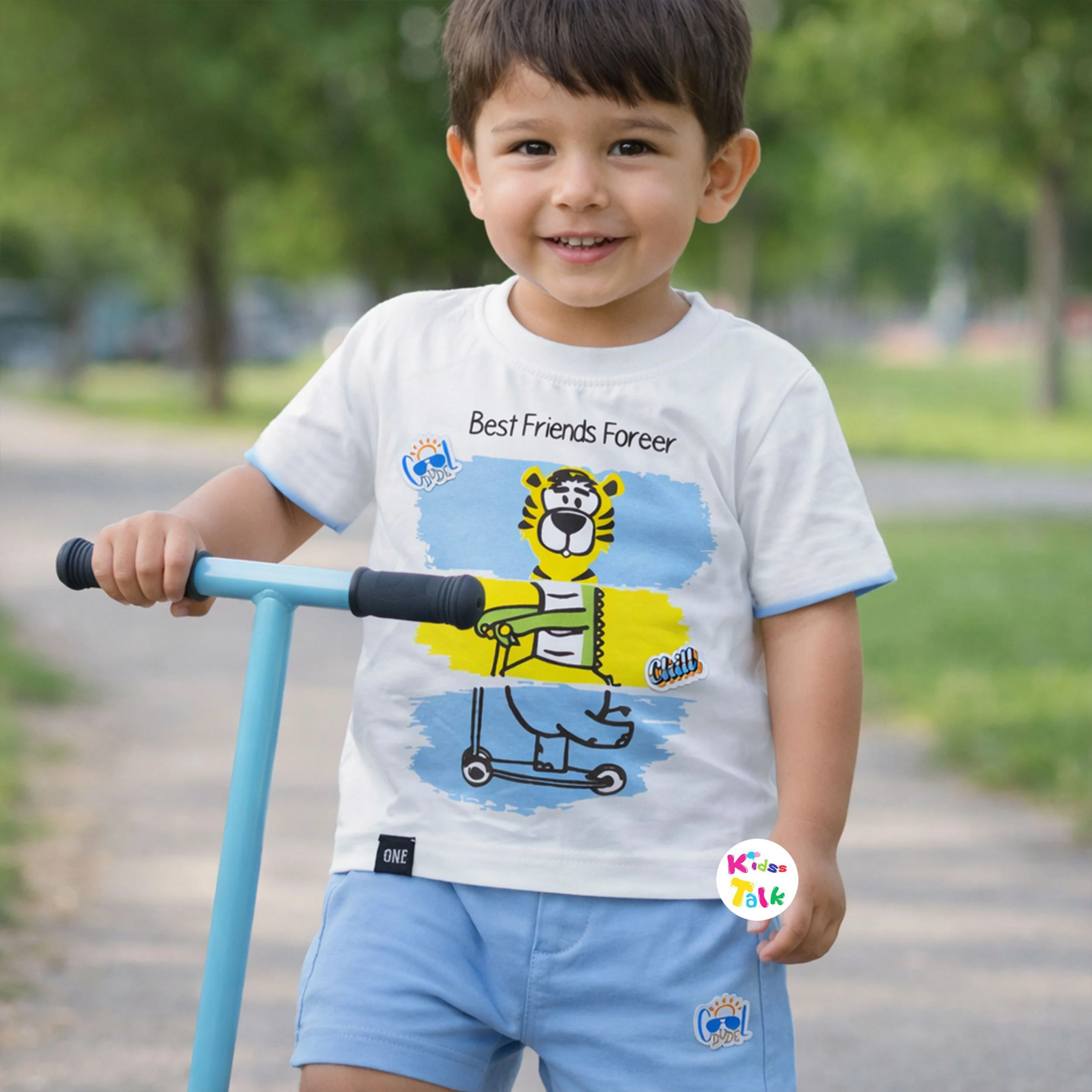 Cotton Knitted Half Sleeve T-shirt Set With Cute Print - Ice Blue