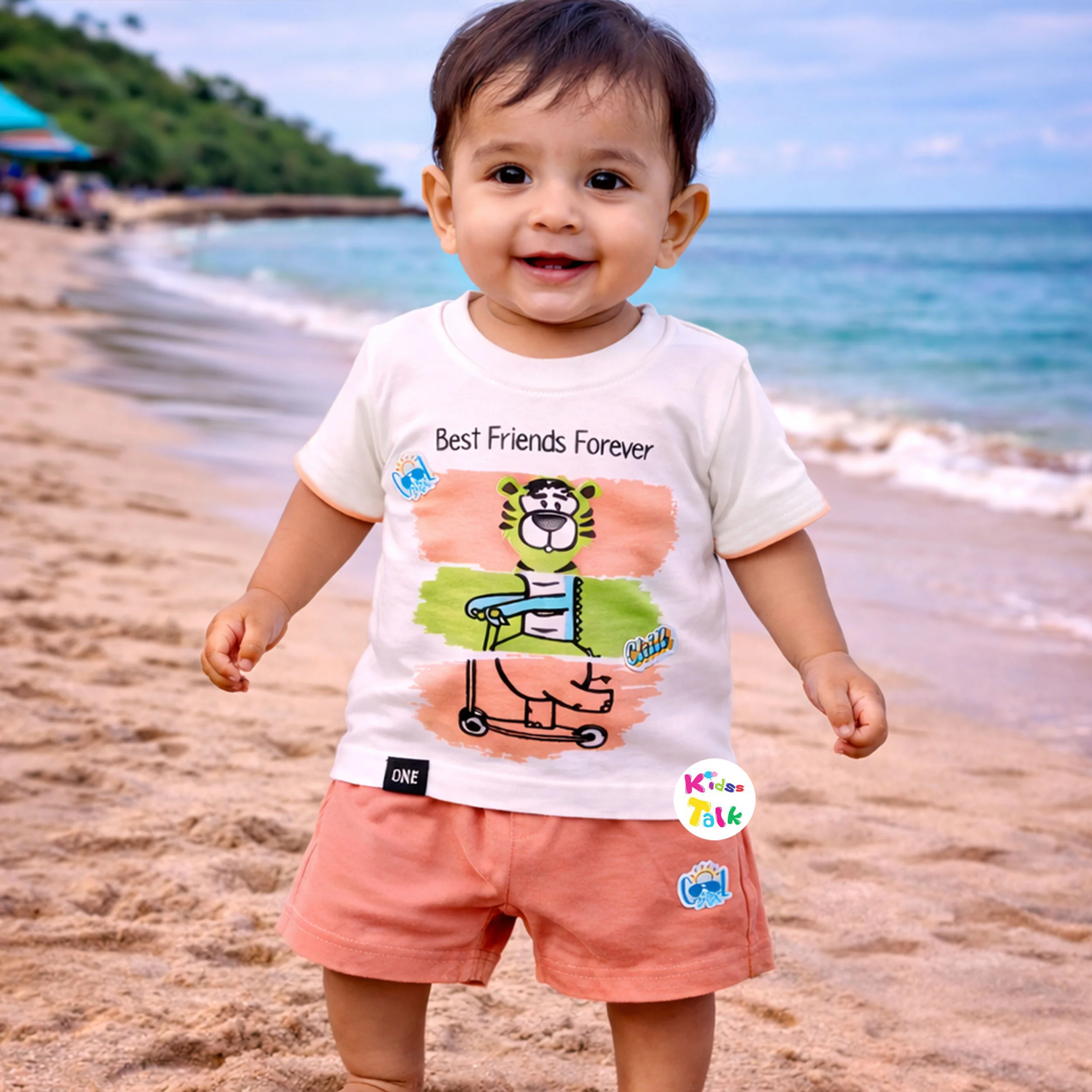 Cotton Knitted Half Sleeve T-shirt Set With Cute Print - Rust Orange