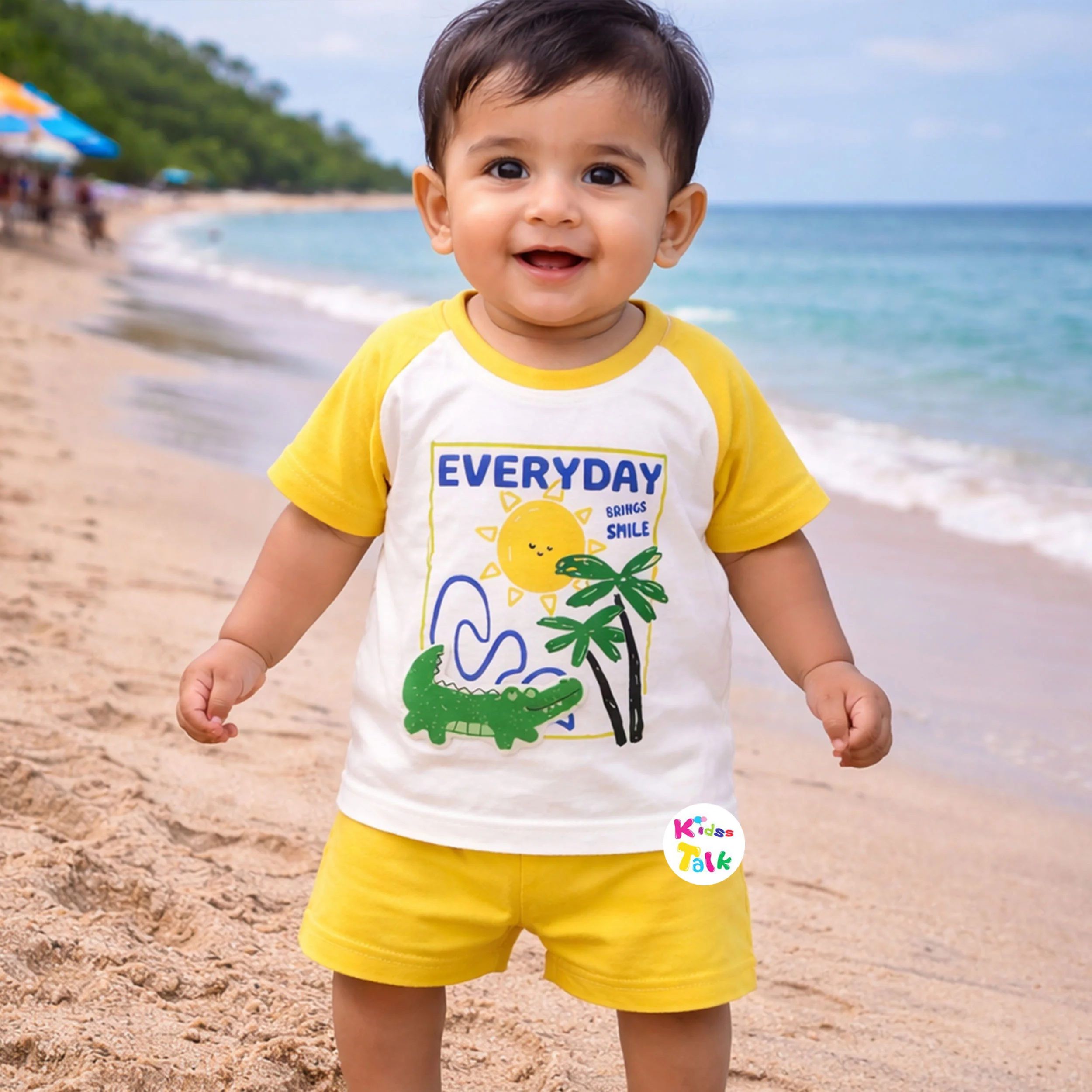 Cotton Knitted Half Sleeve T-shirt Set With Cute Print - Lemon Yellow