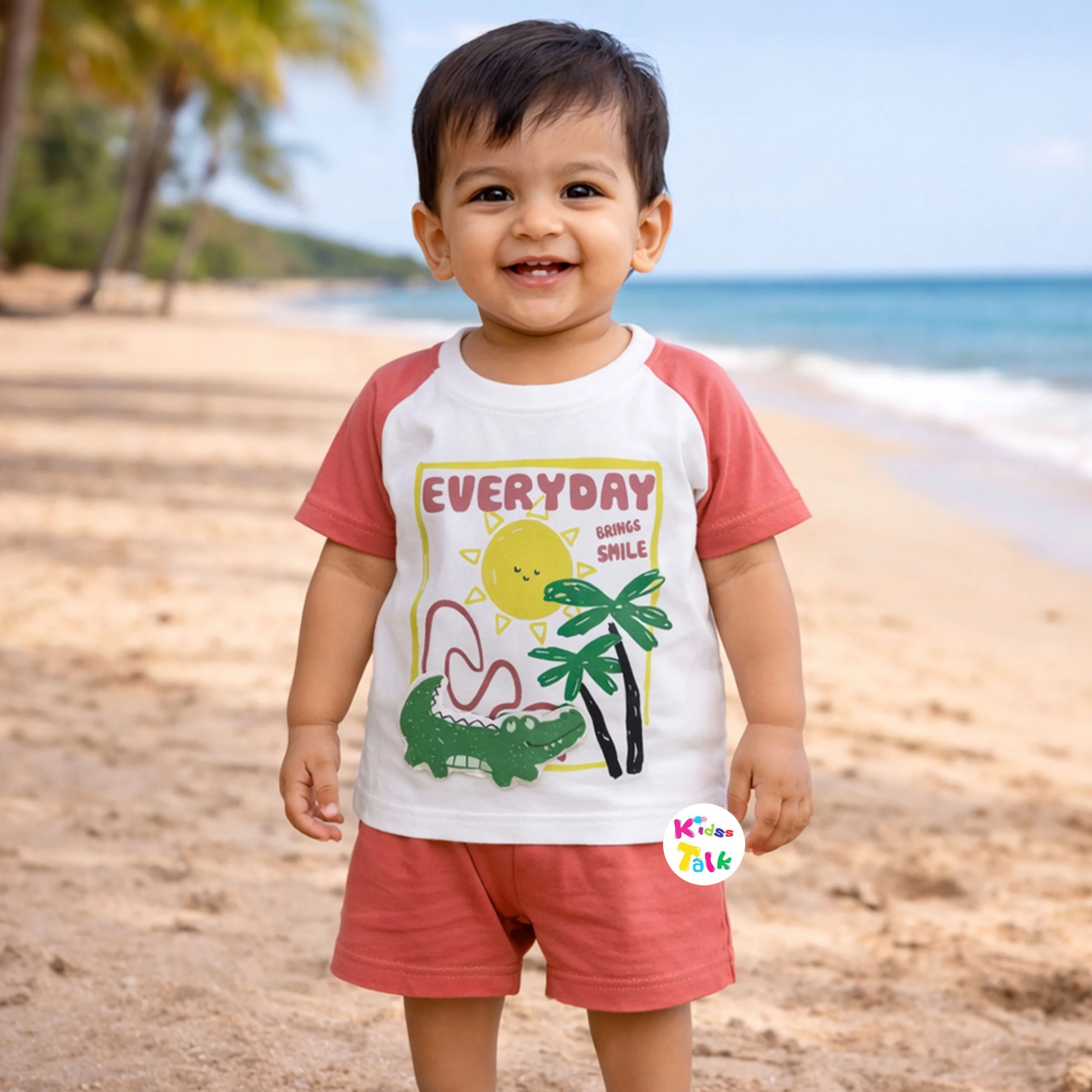 Cotton Knitted Half Sleeve T-shirt Set With Cute Print - Red