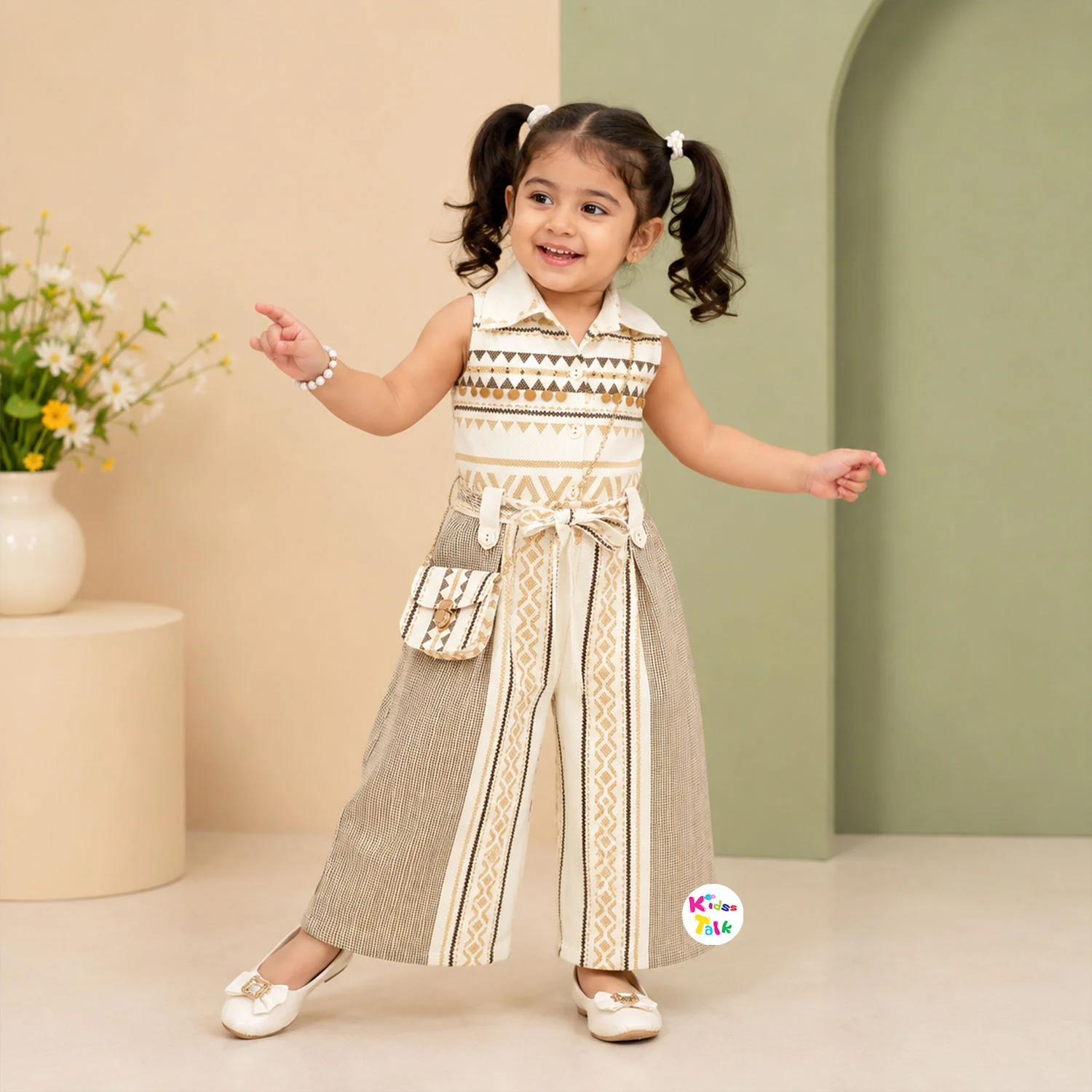 Cotton Sleeveless Striped Jumpsuit With Belt - Beige