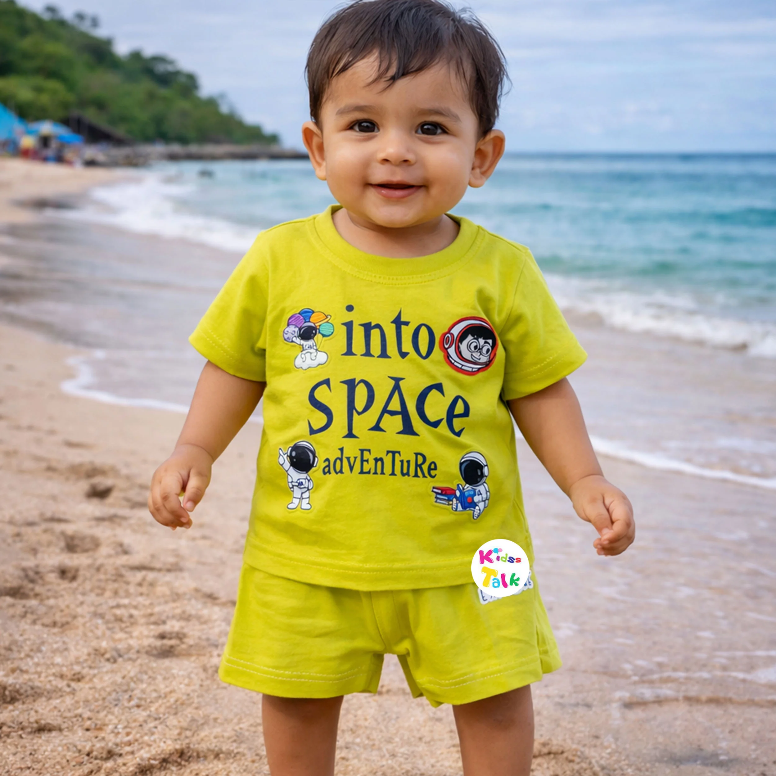 Cotton Knitted Half Sleeve T-shirt Set With Cute Print - Pista Green