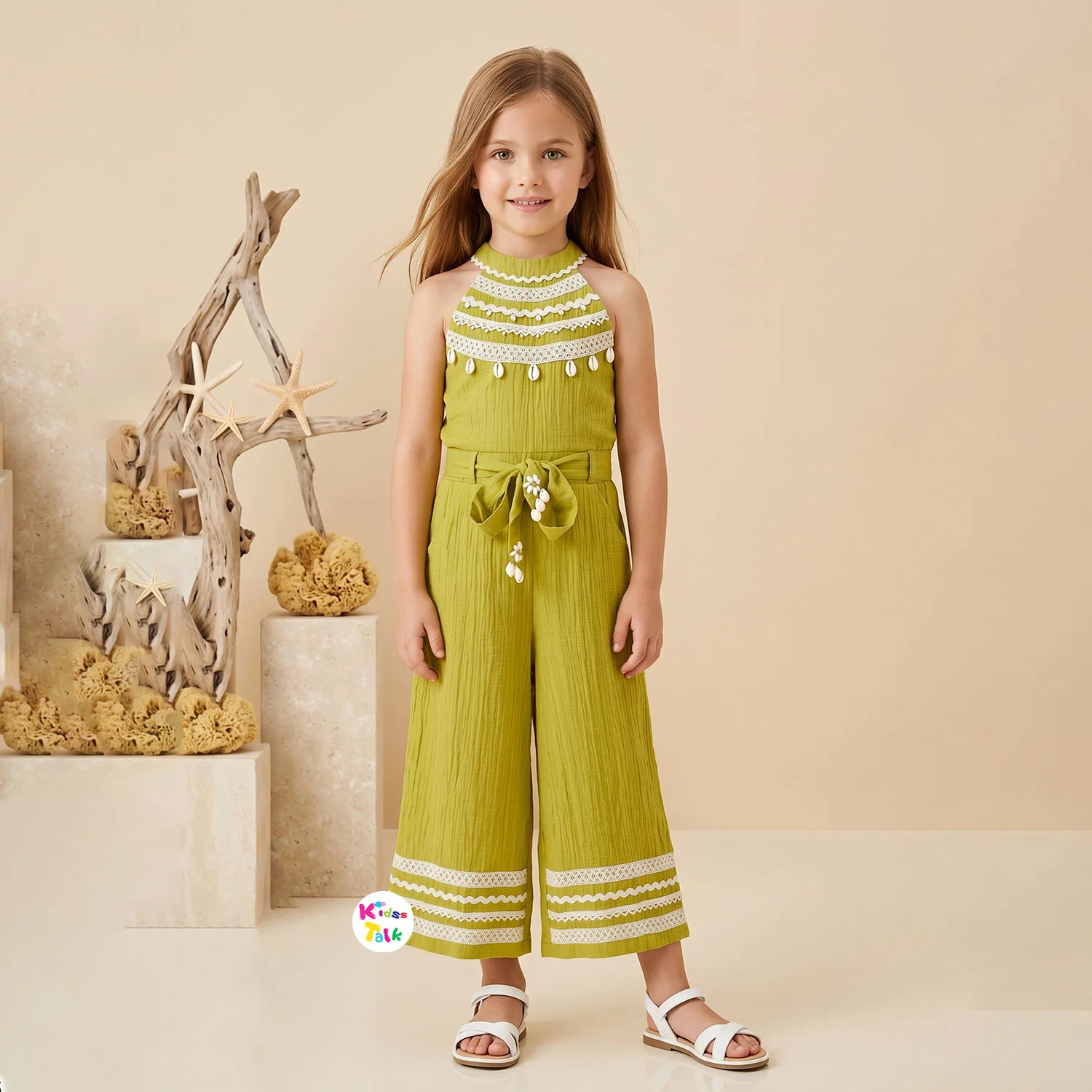 Cotton Sleeveless Jumpsuit With Lace & Shell Work - Green