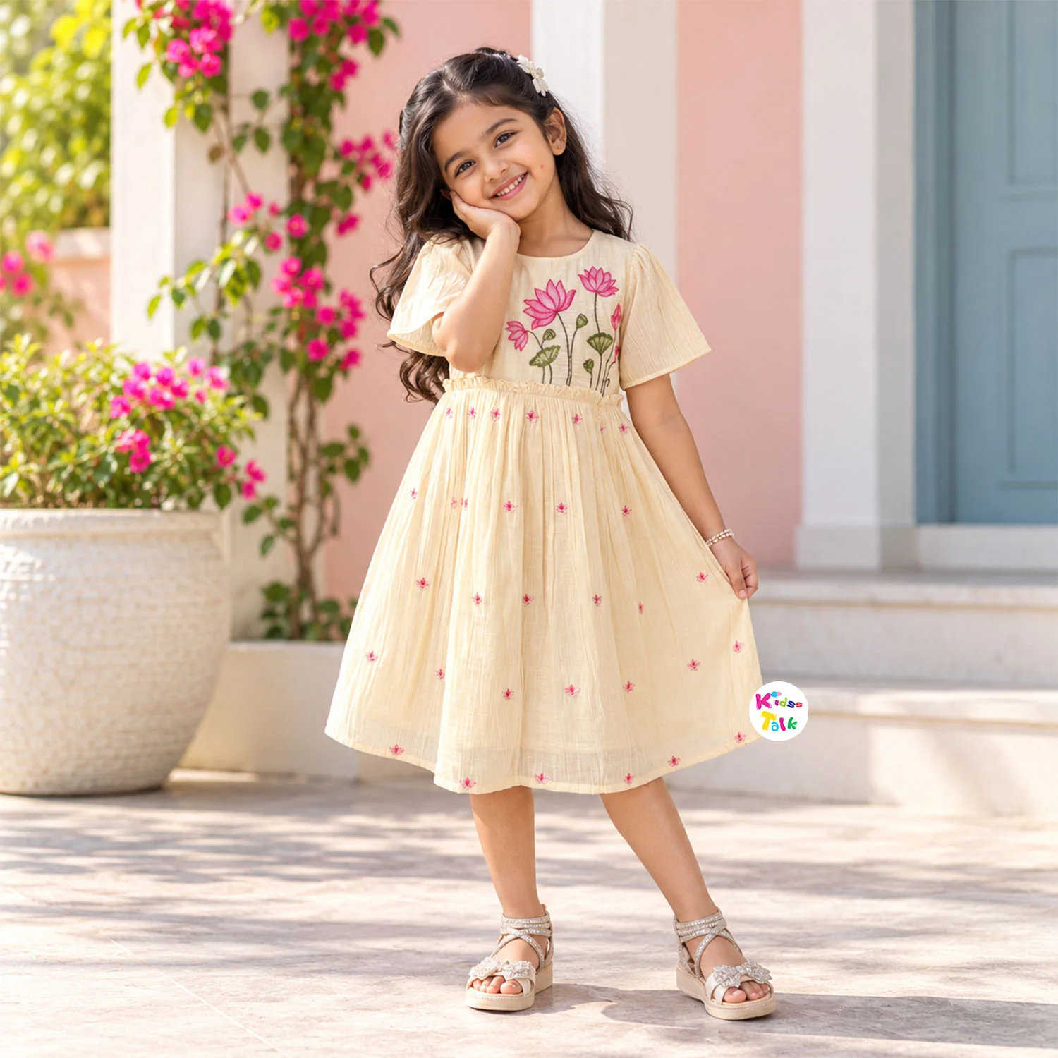 Muslin Half Sleeve Frock Girls - Peach