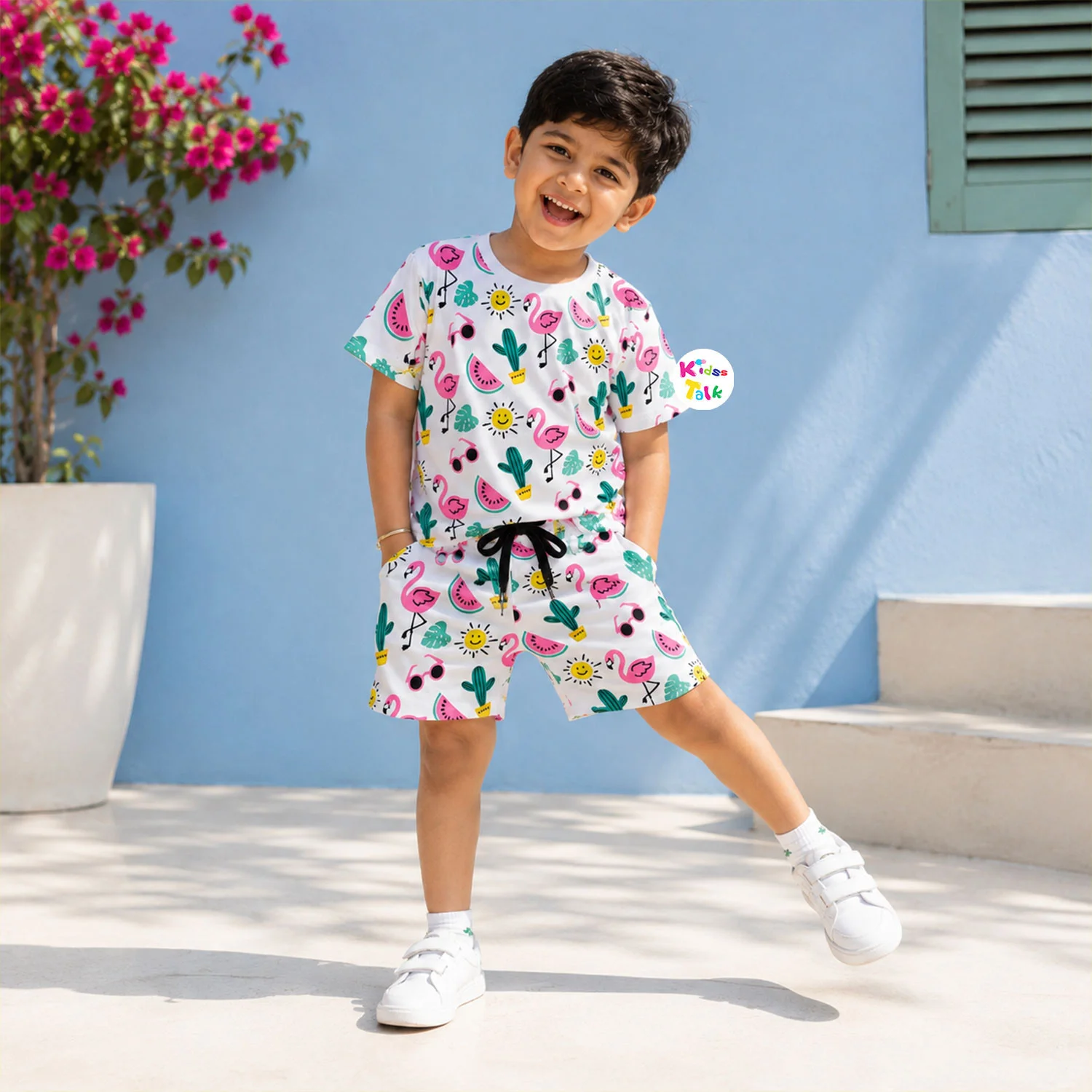 Cotton Knitted Half Sleeve T-shirt Set With Flamingo & Cactus All Over Print - White