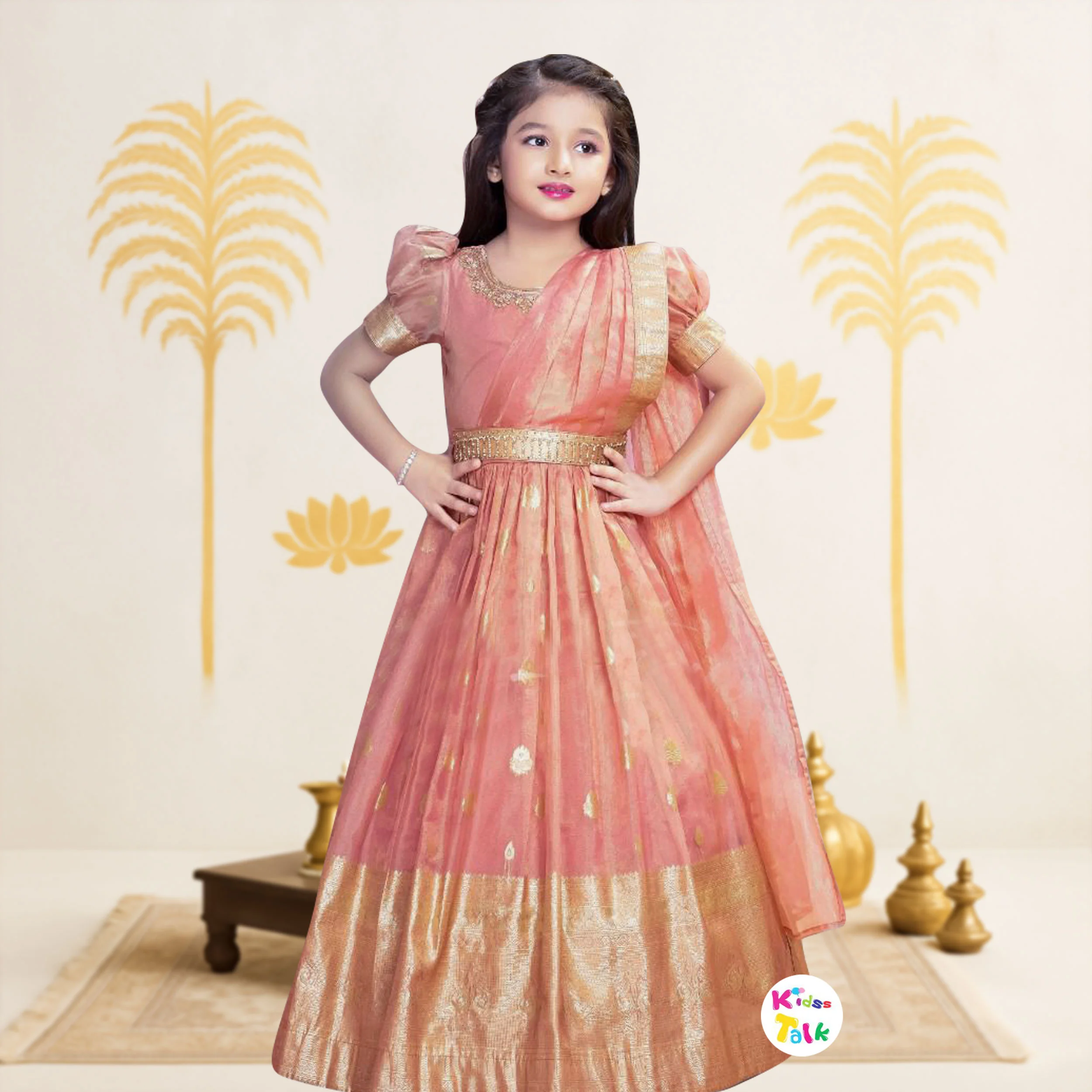 Silk Half Sleeve Ethnic Fluffy Gown With Zardhosi Work - Onion Pink