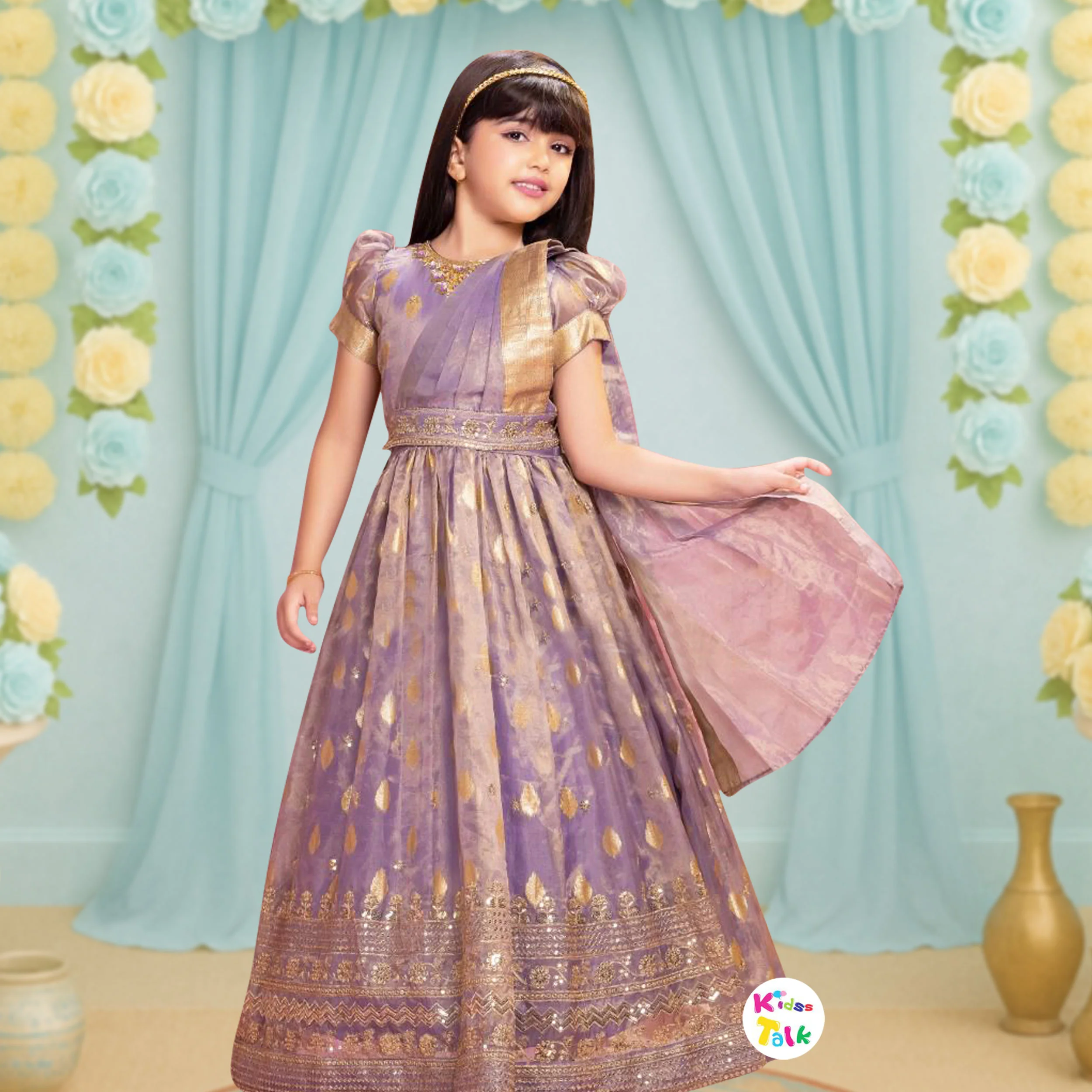 Silk Half Sleeve Ethnic Fluffy Gown With Zardhosi Work - Lavender