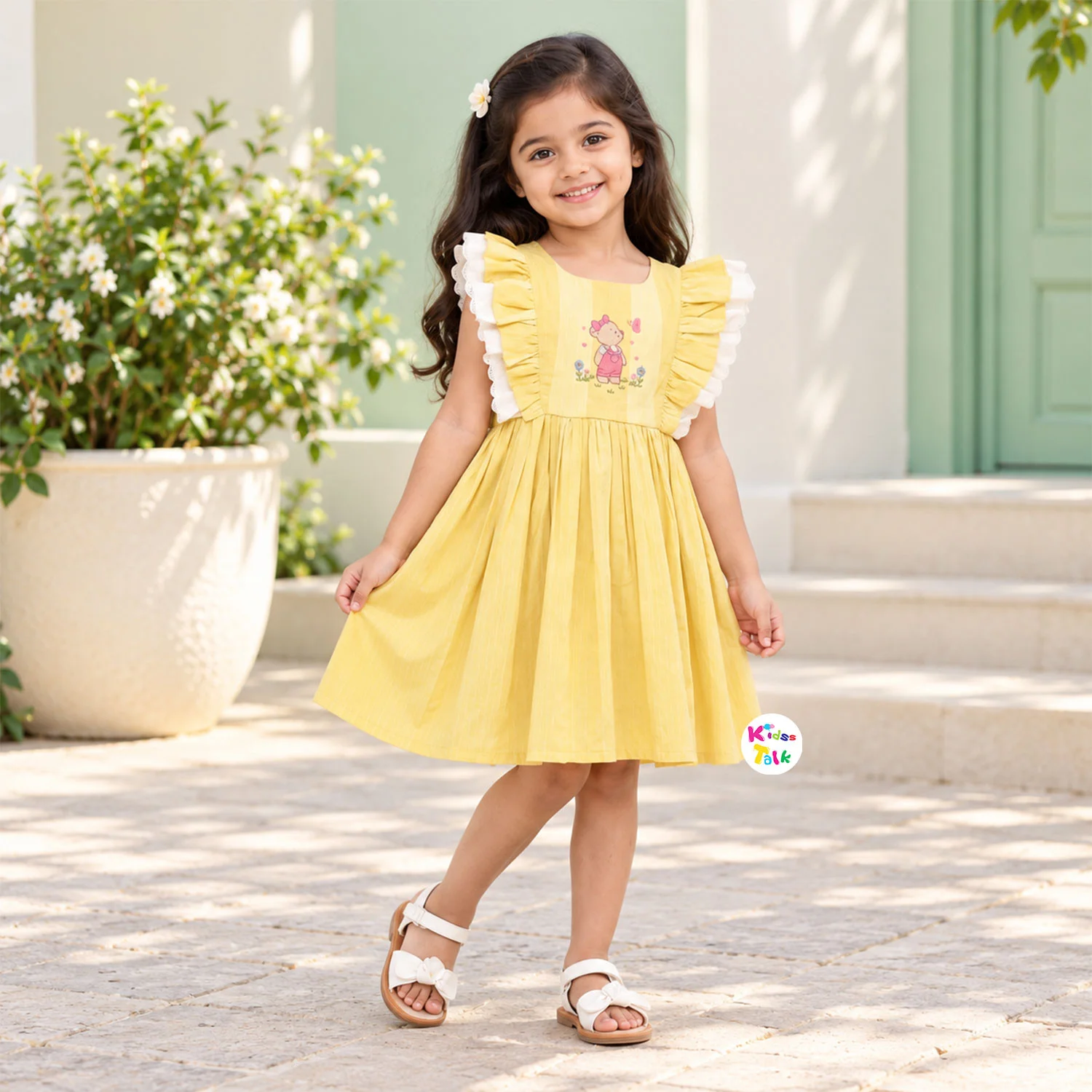 Cotton Ruffle Sleeve Frock Girls - Lemon Yellow