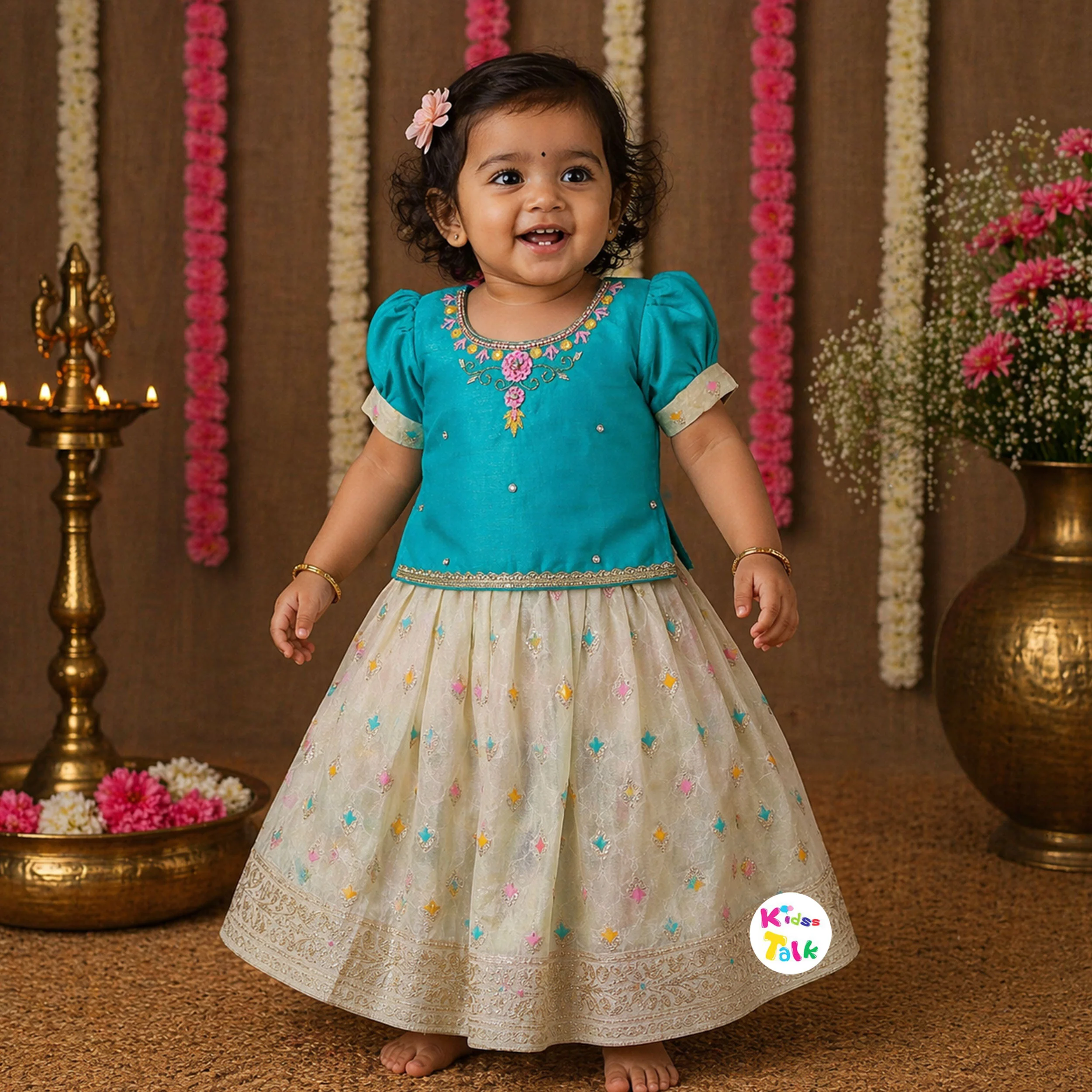Silk Half Sleeve Embroidered Top With Choli & Dupatta - Seafoam Green