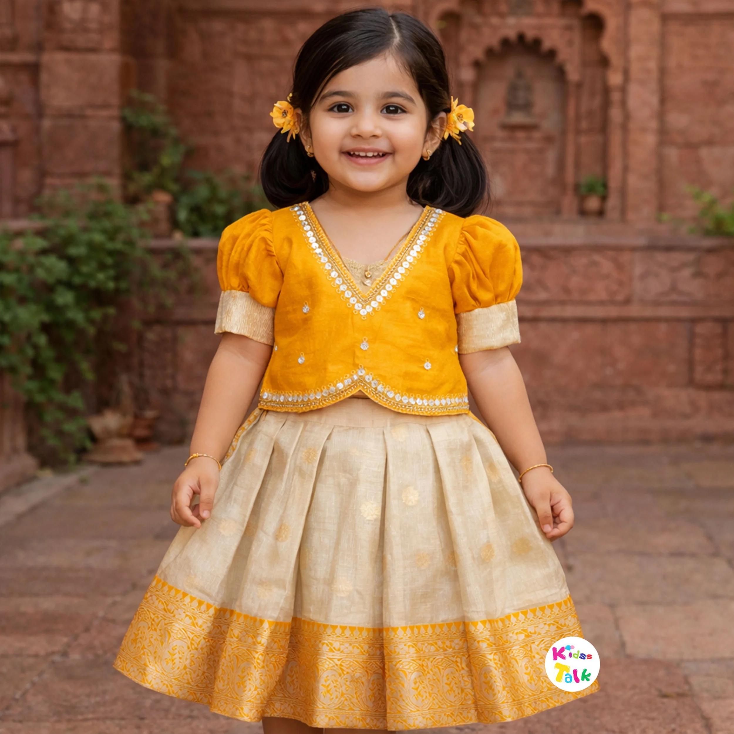 Silk Half Sleeve Stone Work Top With Choli & Dupatta - Mustard