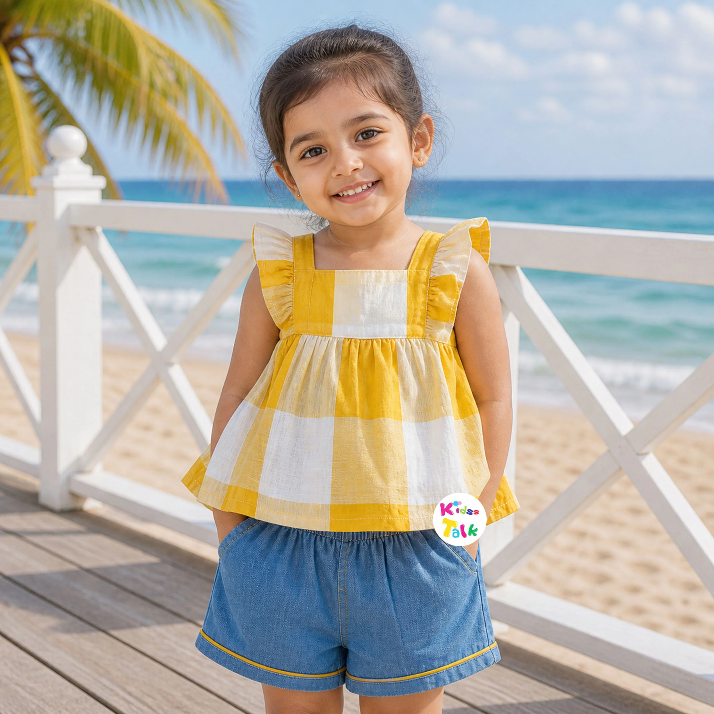 Cotton Half Sleeve Checked Top With Short - Mustard