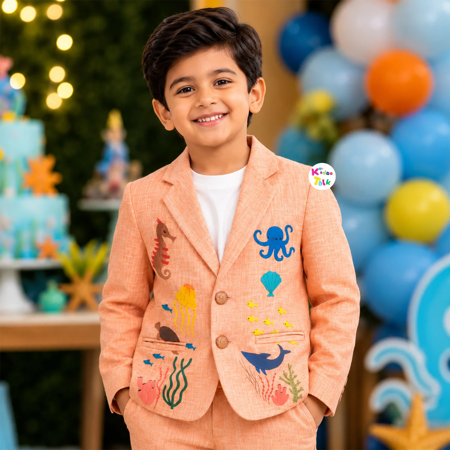 Cotton Full Sleeve Coat With Cute All Over Print - Orange