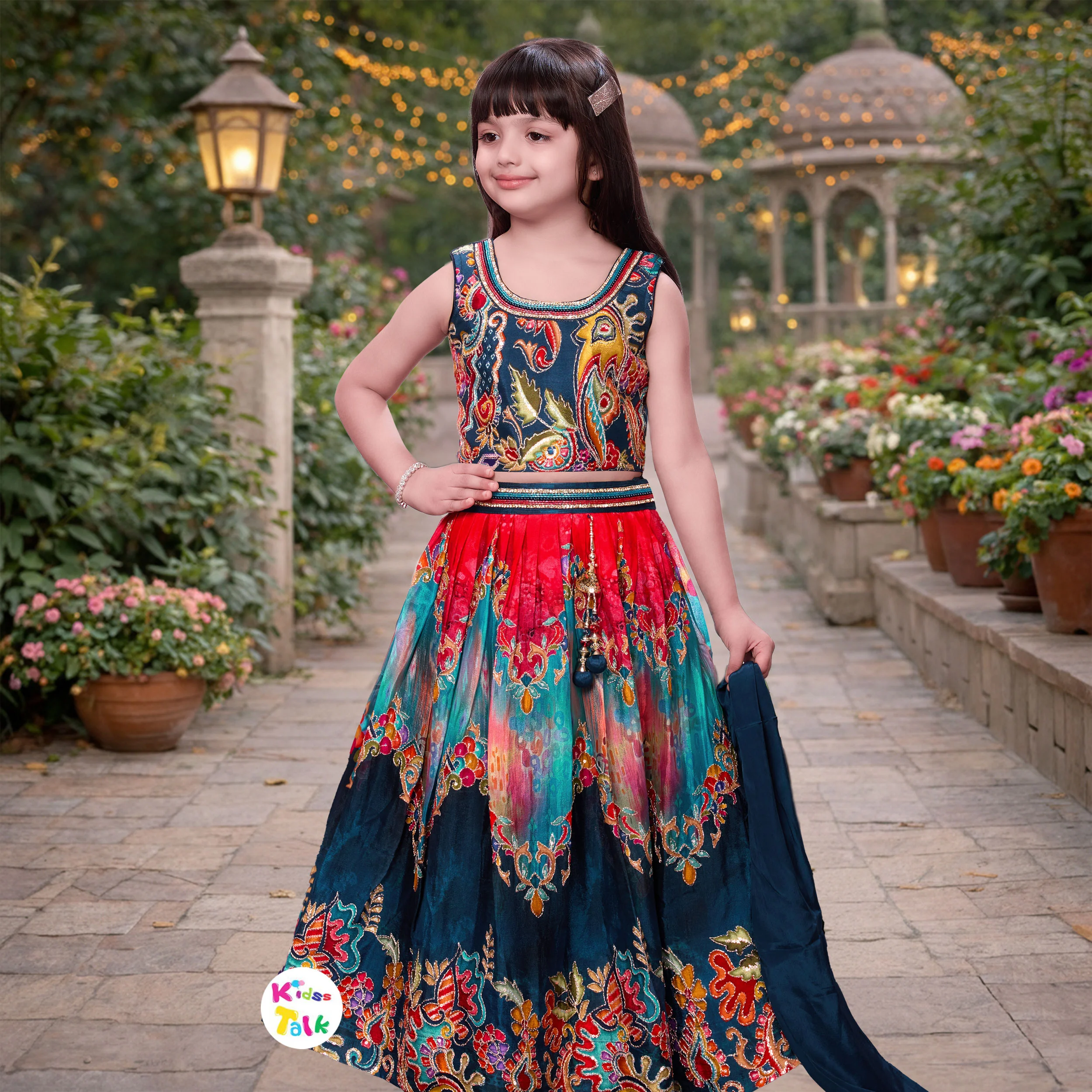 Georgette Sleeveless Zardhosi Work Choli With Lehenga & Dupatta - Navy Blue