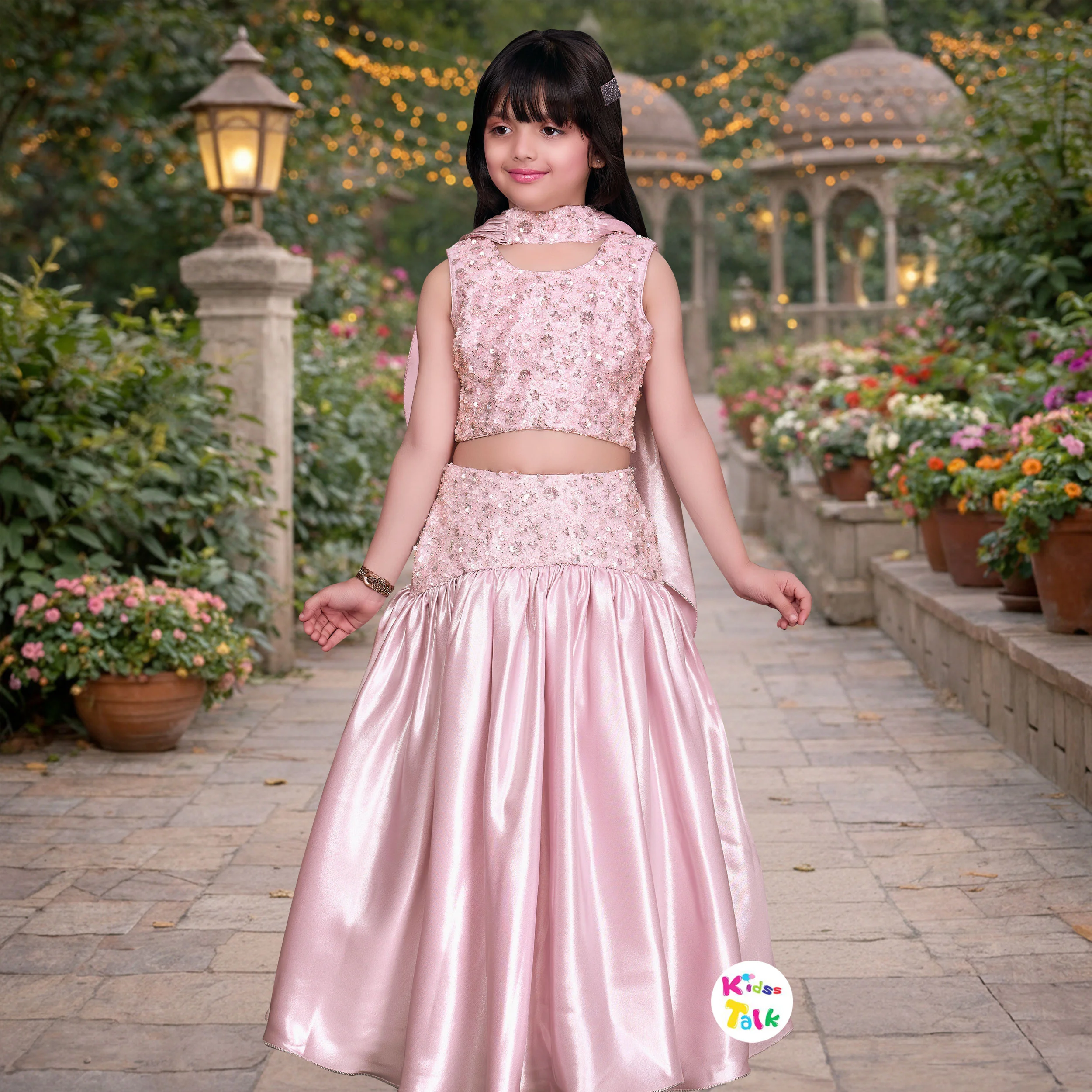 Satin Sleeveless Sequins Work Choli With Lehenga & Dupatta - Baby Pink