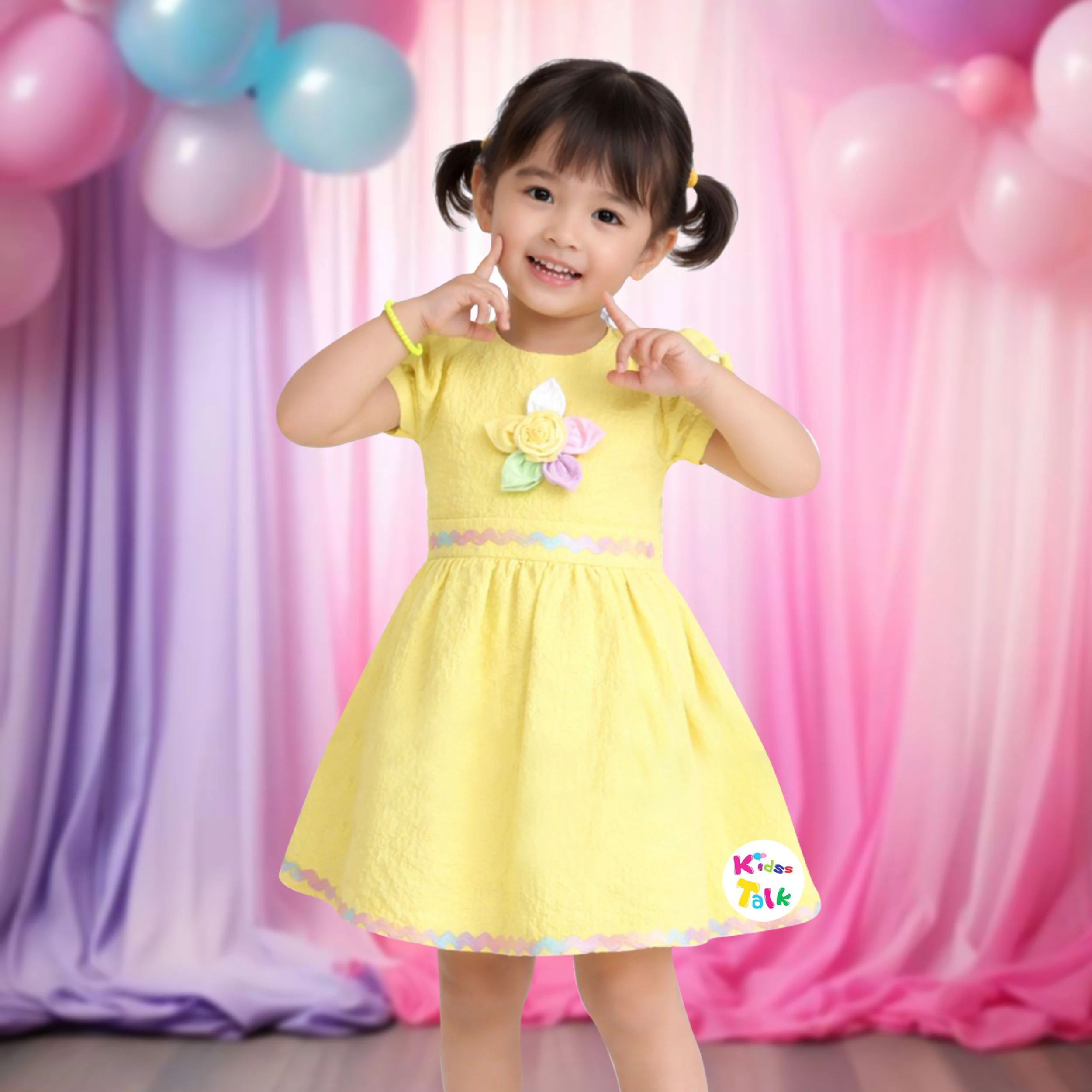 Cute Half Sleeve Frock With Artifical Flower - Lemon Yellow