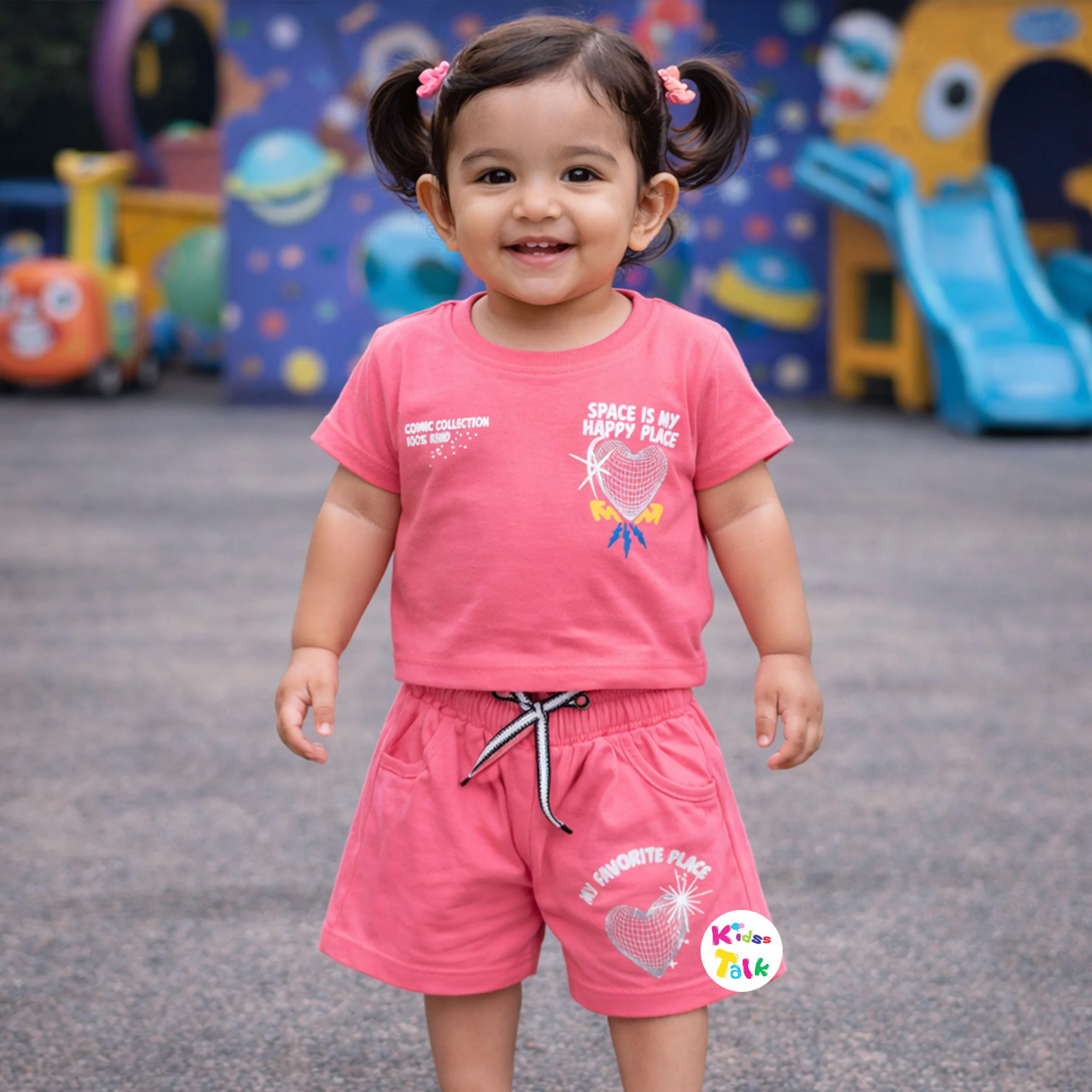 Cotton Knitted Half Sleeve T-shirt Set With Cute Print - Hot Pink