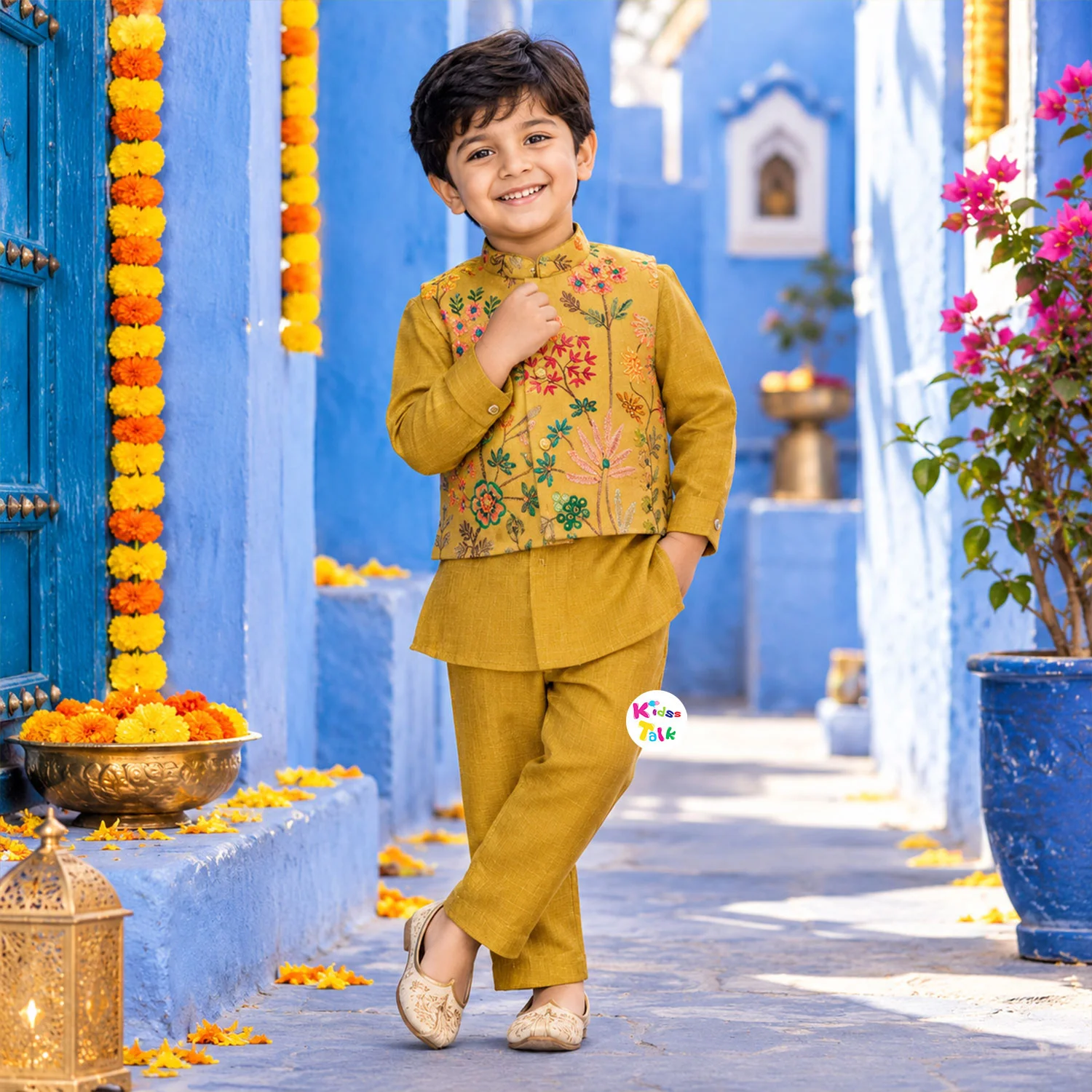 Jute Full Sleeve Kurta With Embroidered Jacket & Pyjama - Mustard