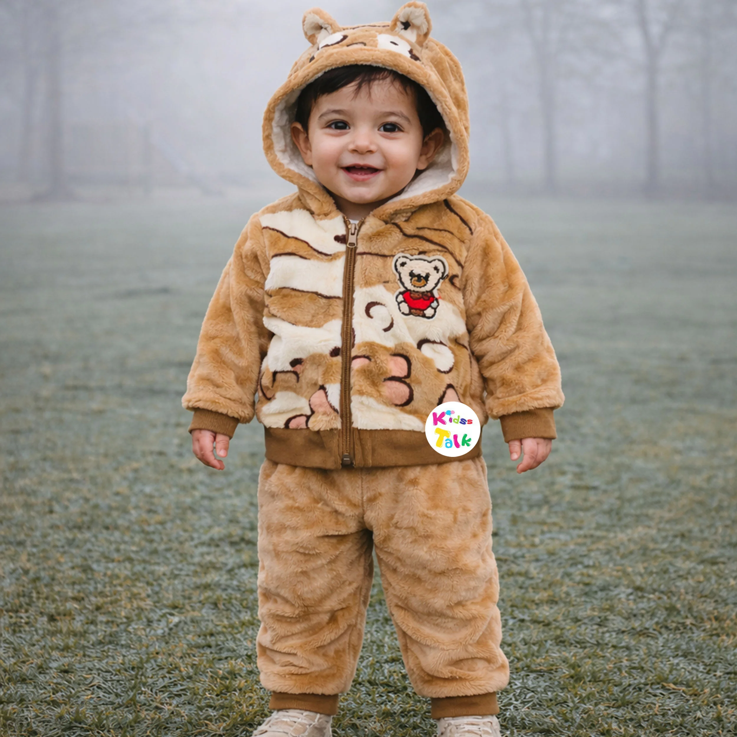 Fur Full Sleeve Printed Hooded Jacket - Beige