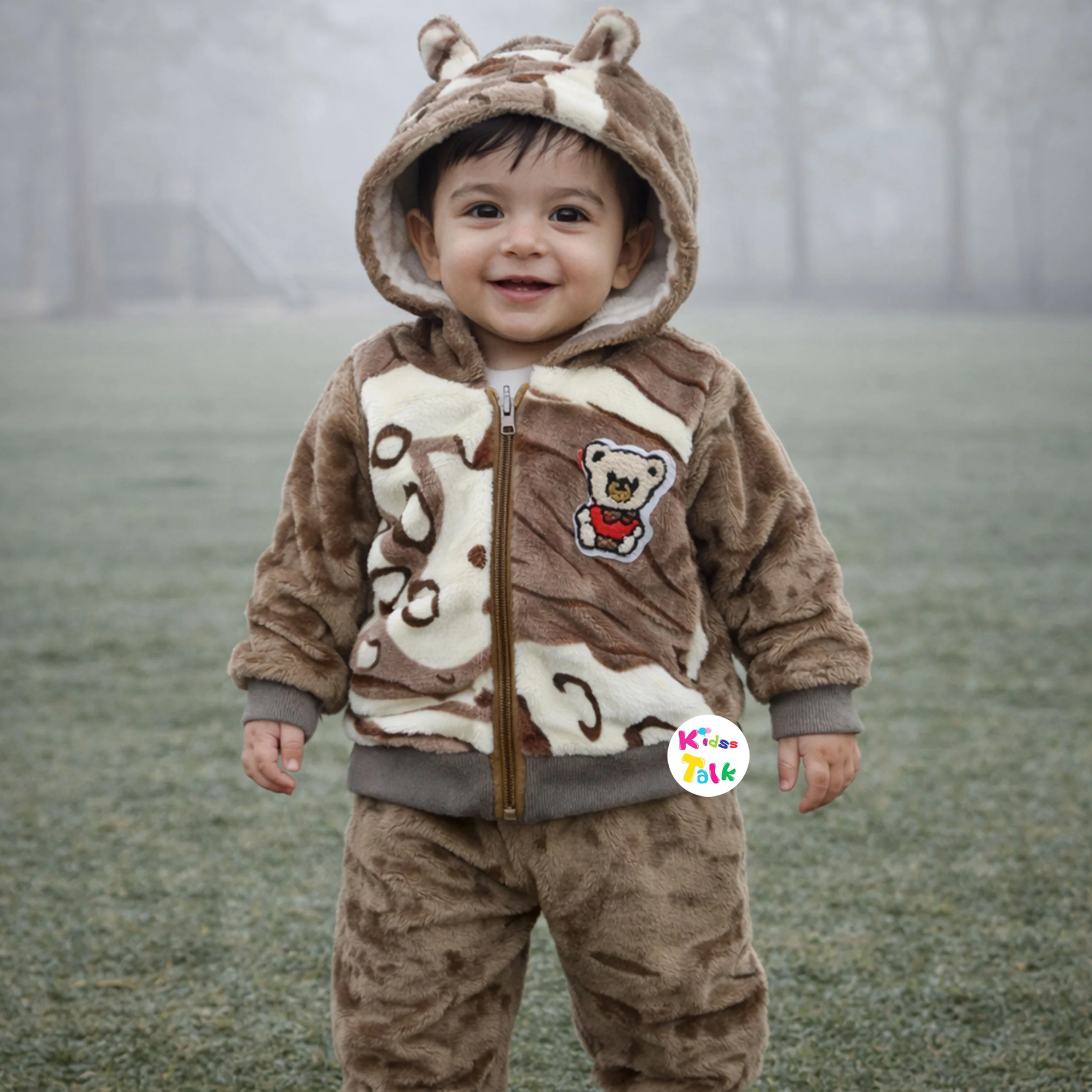 Fur Full Sleeve Printed Hooded Jacket - Brown