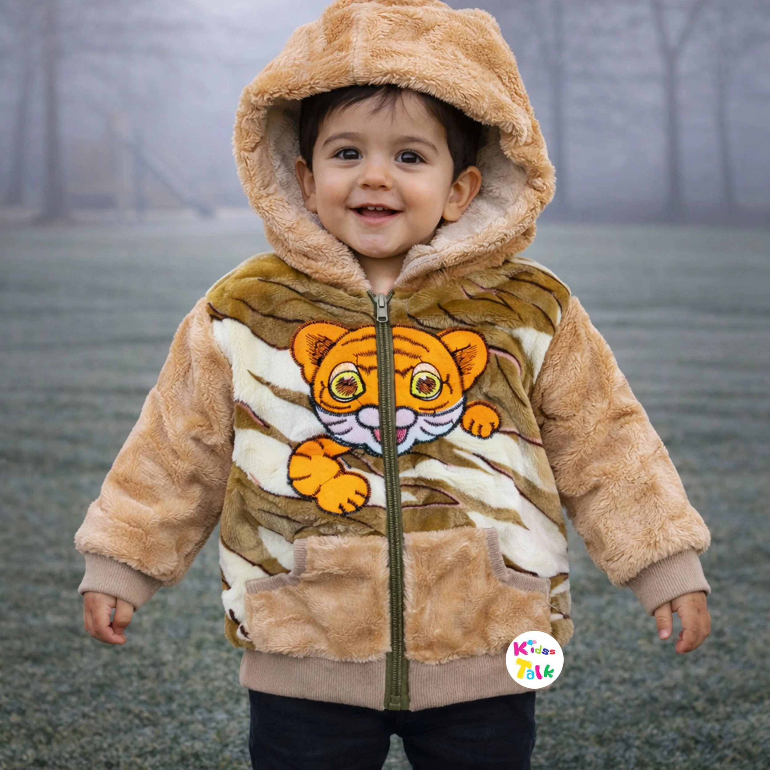 Fur Full Sleeve Printed Hooded Jacket - Beige