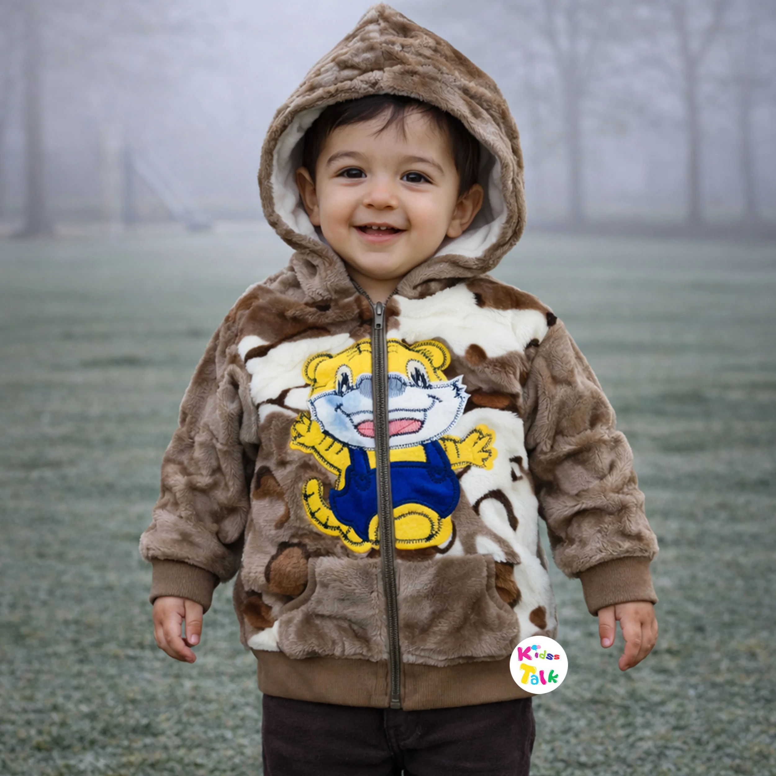 Fur Full Sleeve Printed Hooded Jacket - Brown