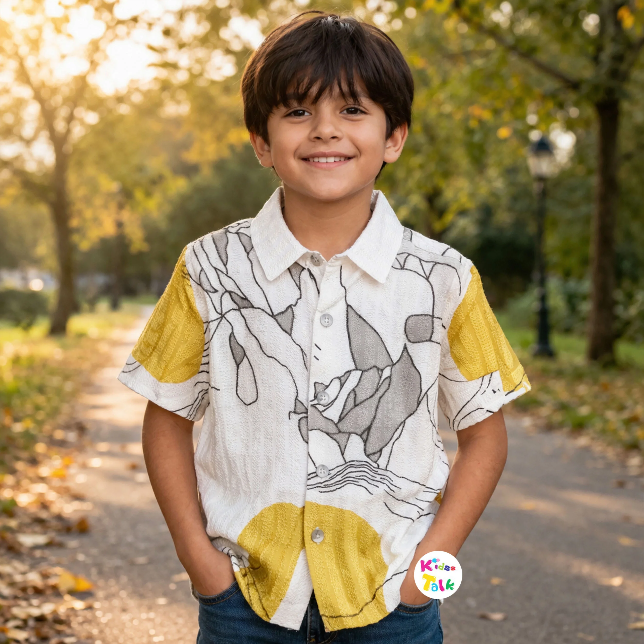 Cotton Half Sleeve Shirt With Cute Print - Cream