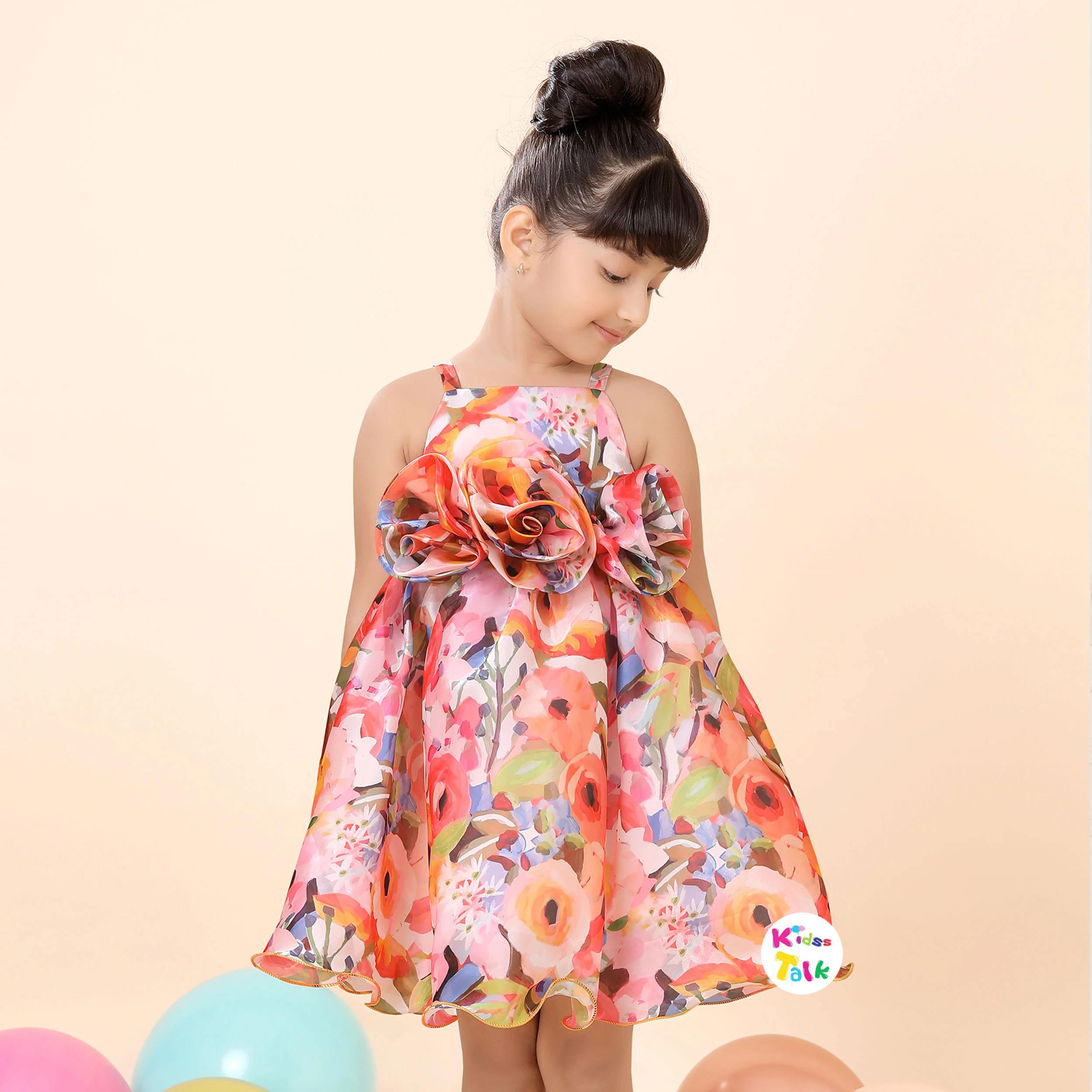 Soft Satin Sleeveless Party Frock With Floral Print- Multicolour