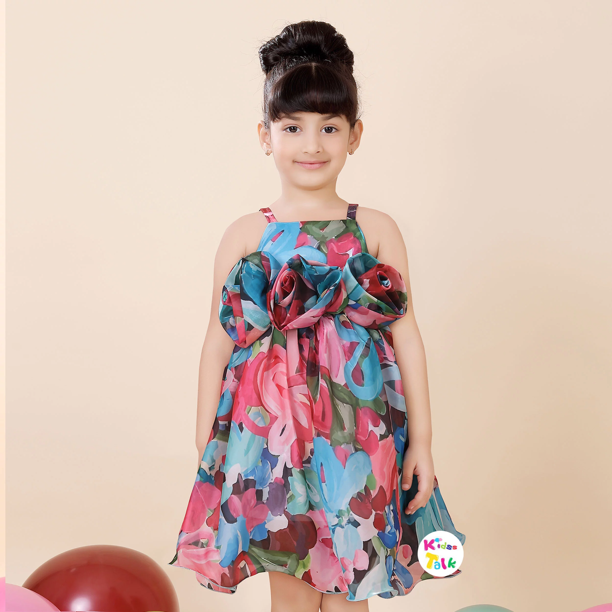 Soft Satin Sleeveless Party Frock With Floral Print- Multicolour