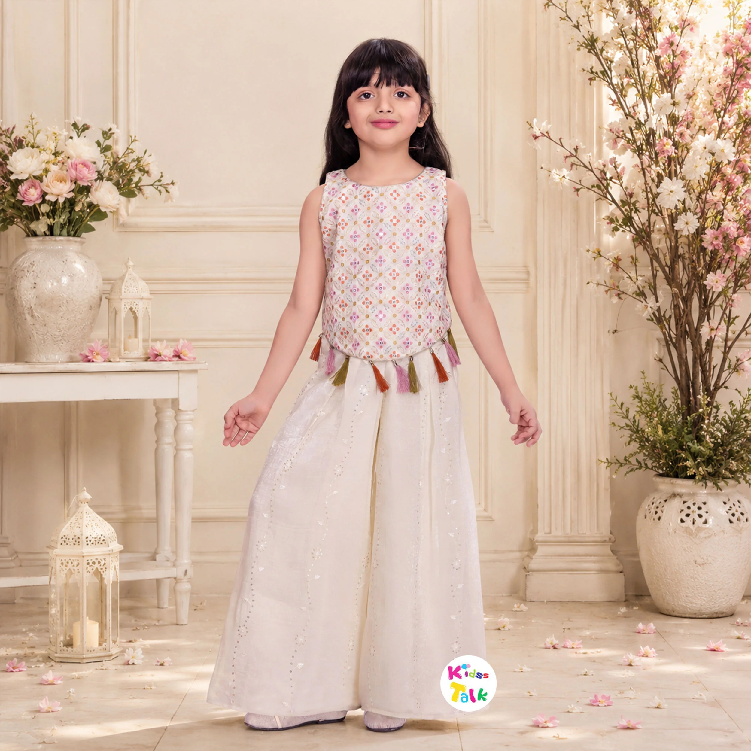 Georgette Sleeveless Embroidered Top & Gharara - Cream