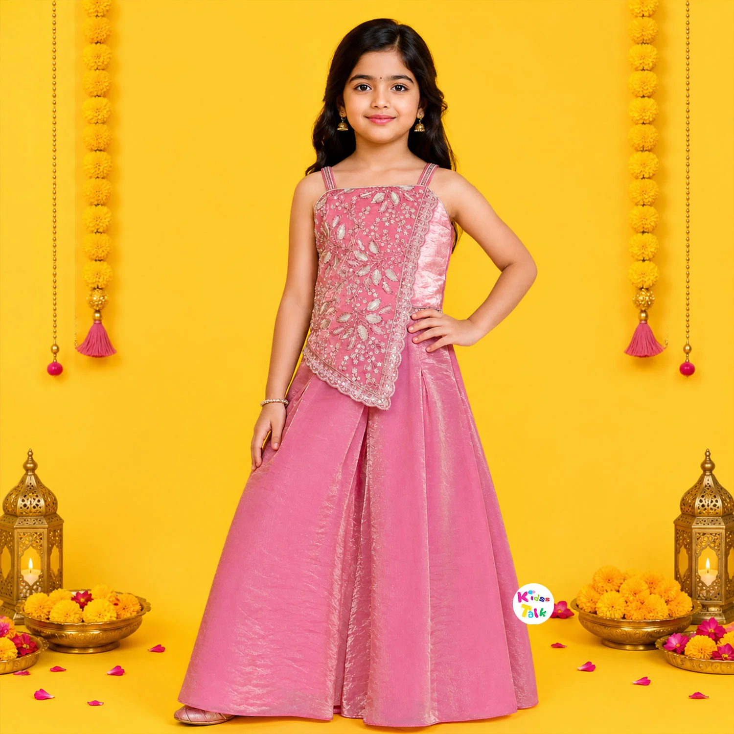 Satin Sleeveless Stone Work Top & Gharara - Baby Pink