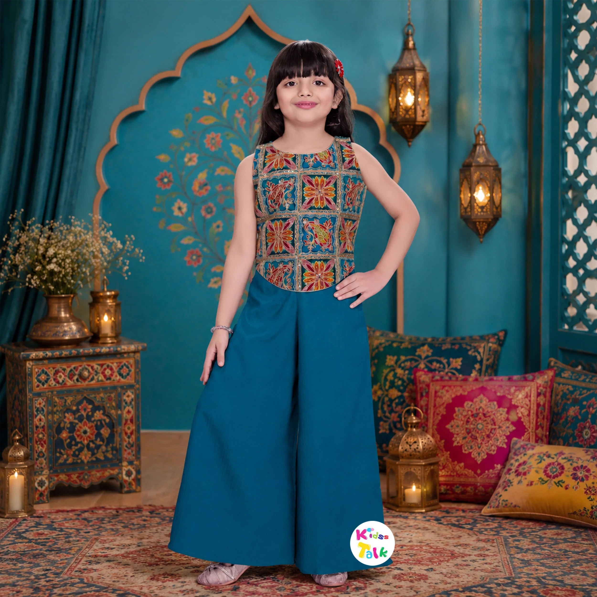 Georgette Sleeveless Zardhosi Work Top & Gharara - Green