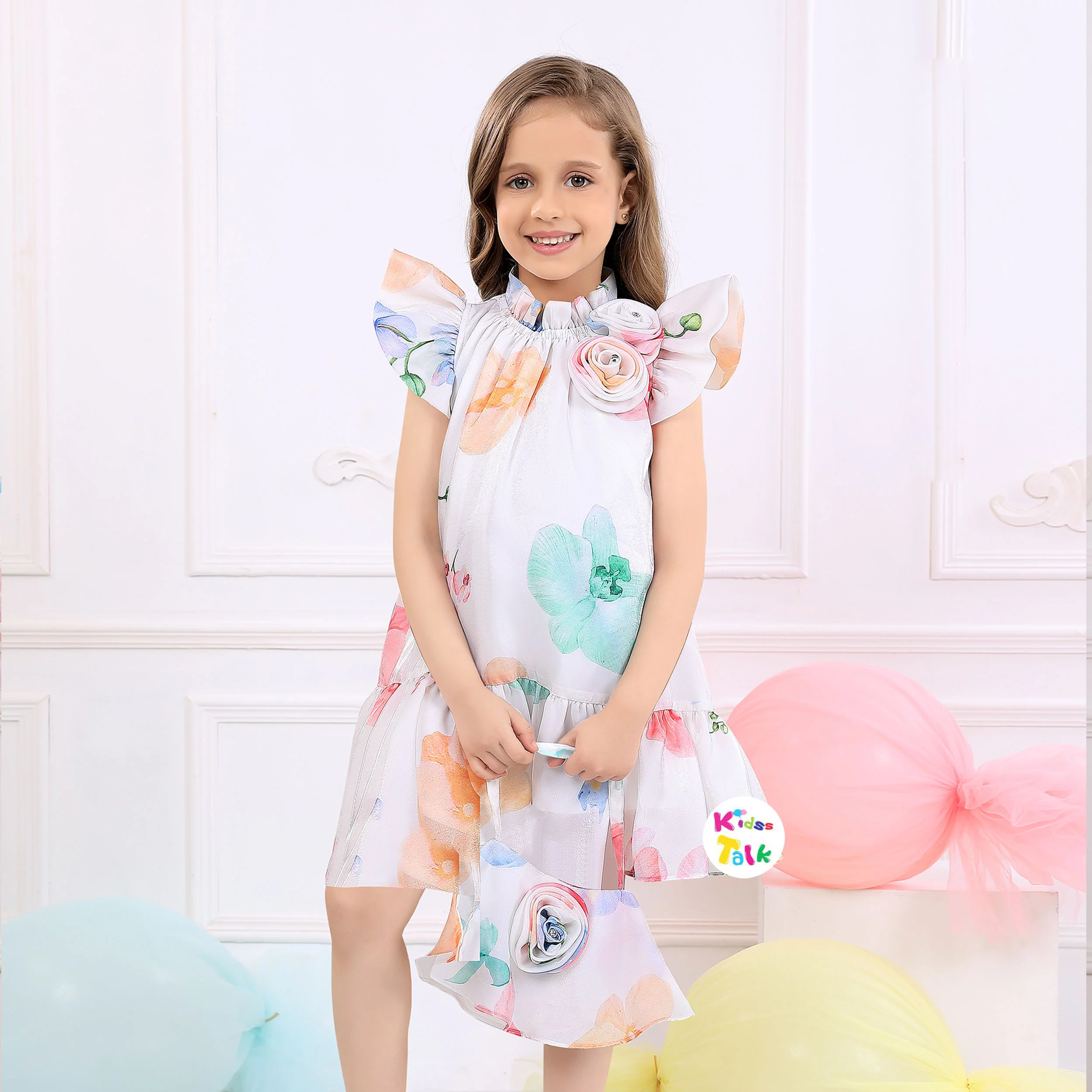 Soft Satin Half Sleeve Party Frock With Floral Print- White