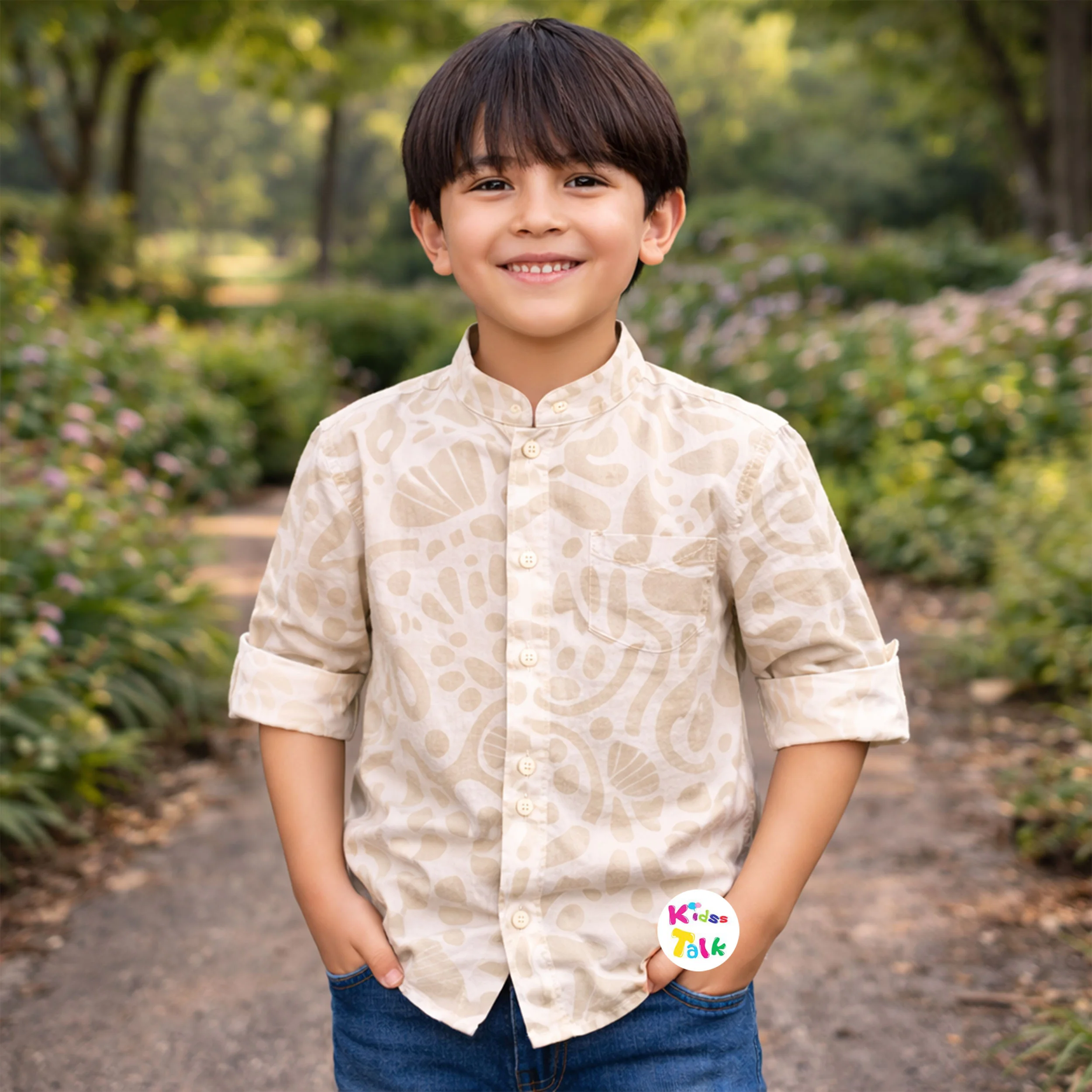 Cotton Full Sleeve Shirt With Cute Print - Beige