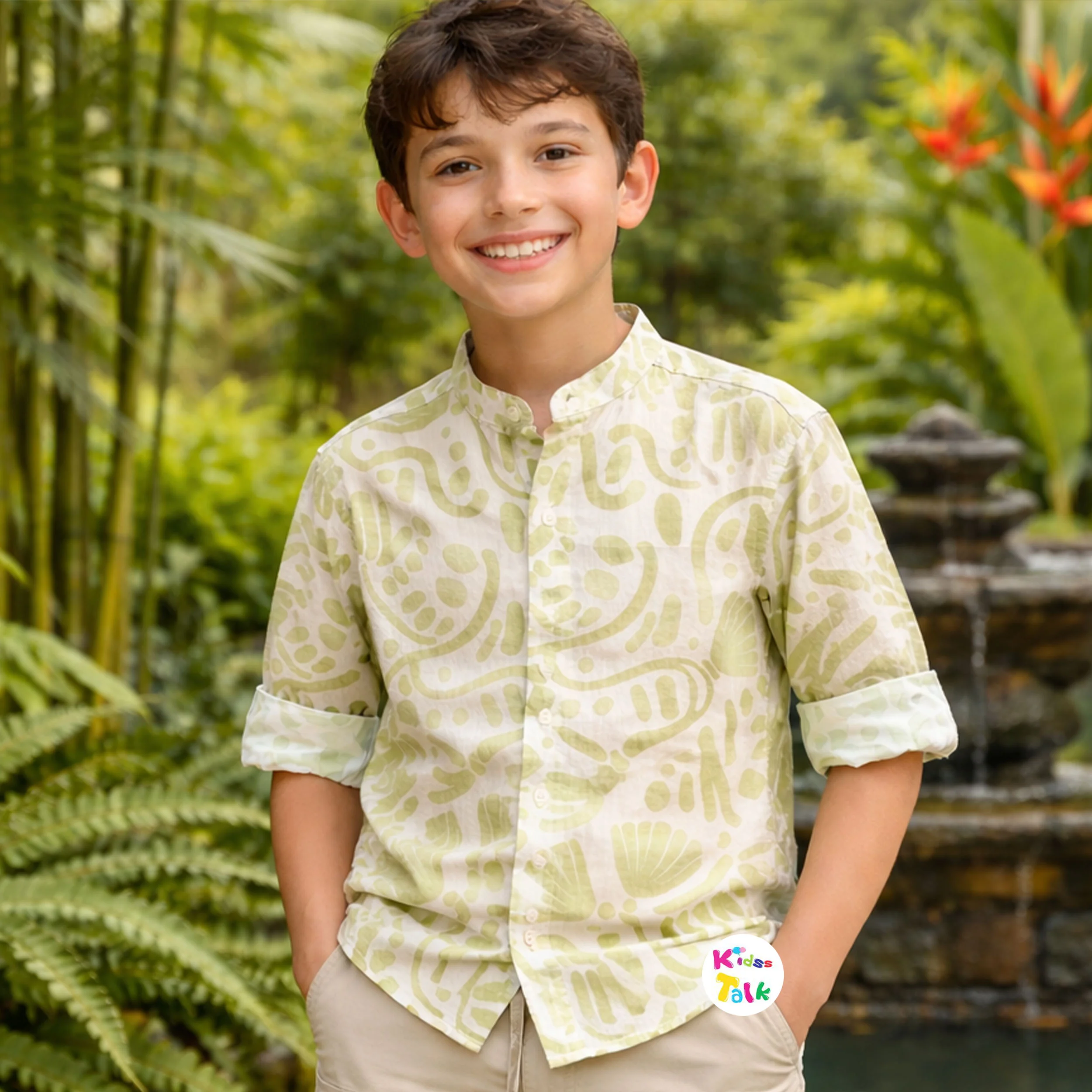 Cotton Full Sleeve Shirt With Cute Print - Olive Green