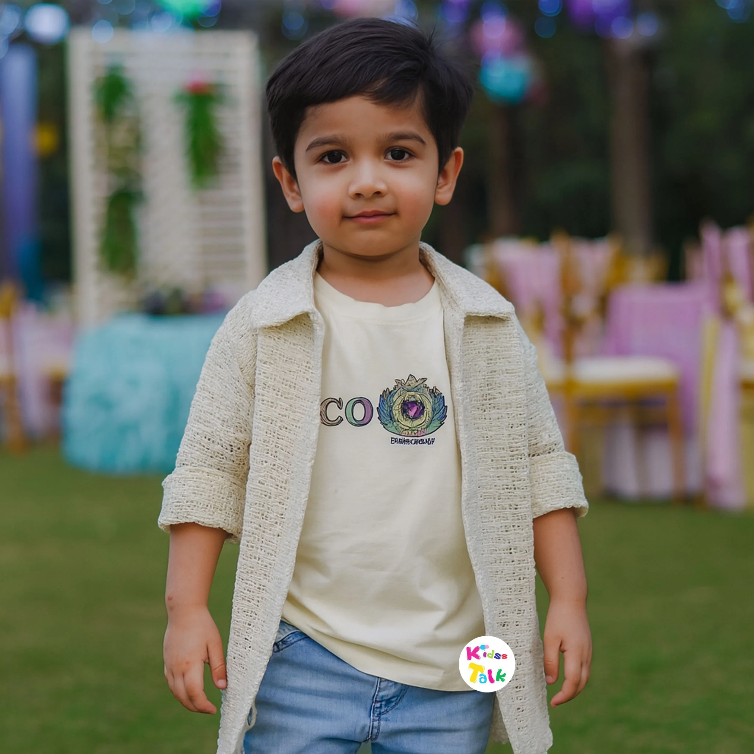 Cotton Knitted Full Sleeve Jacket With Printed T-shirt - Cream