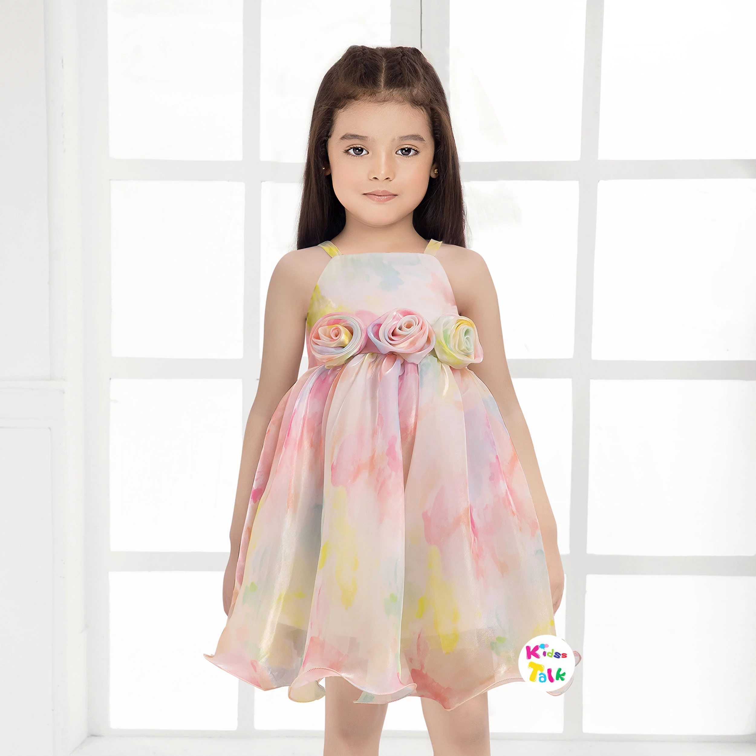 Satin Sleeveless Frock With Flower Applique- Multicolour