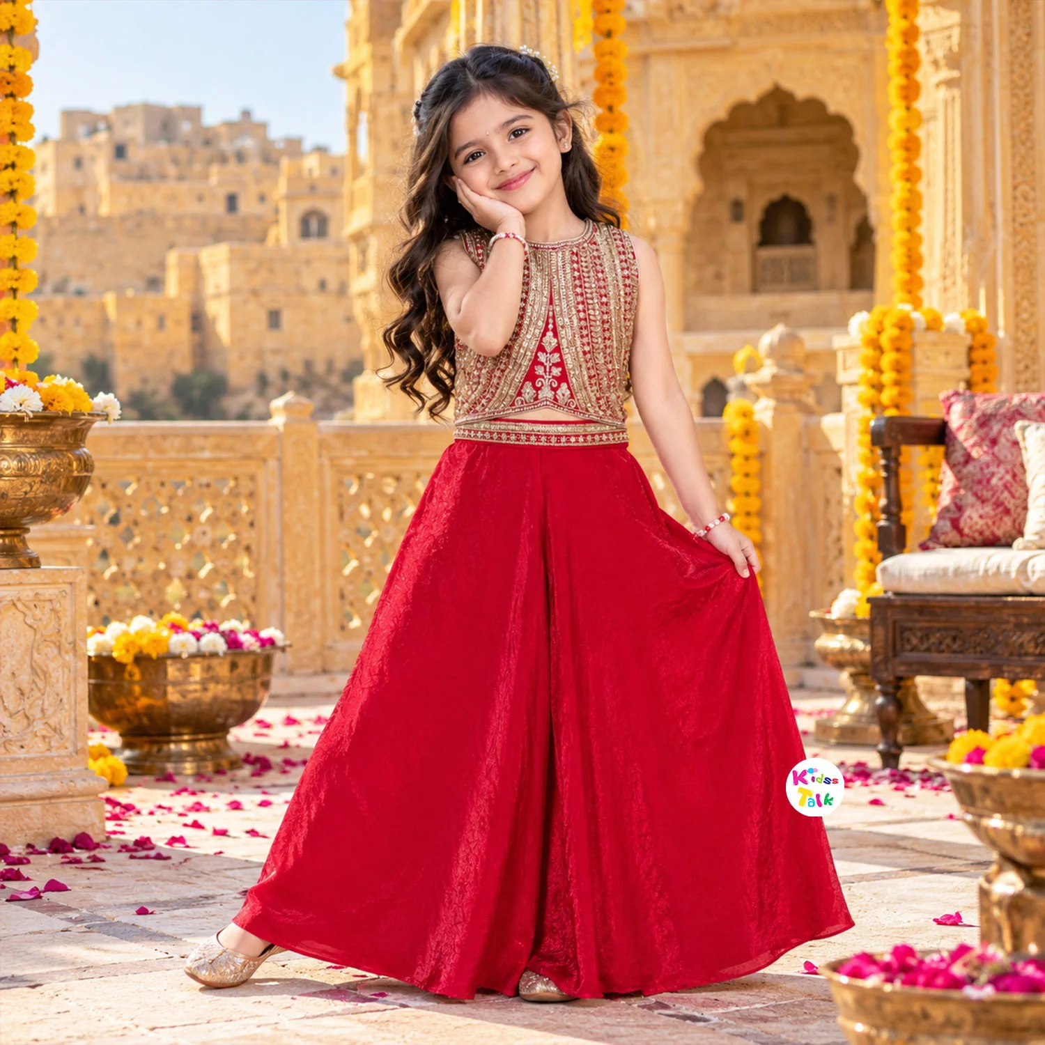 Tissue Sleeveless Embroidered Top With Palazzo & Dupatta - Red