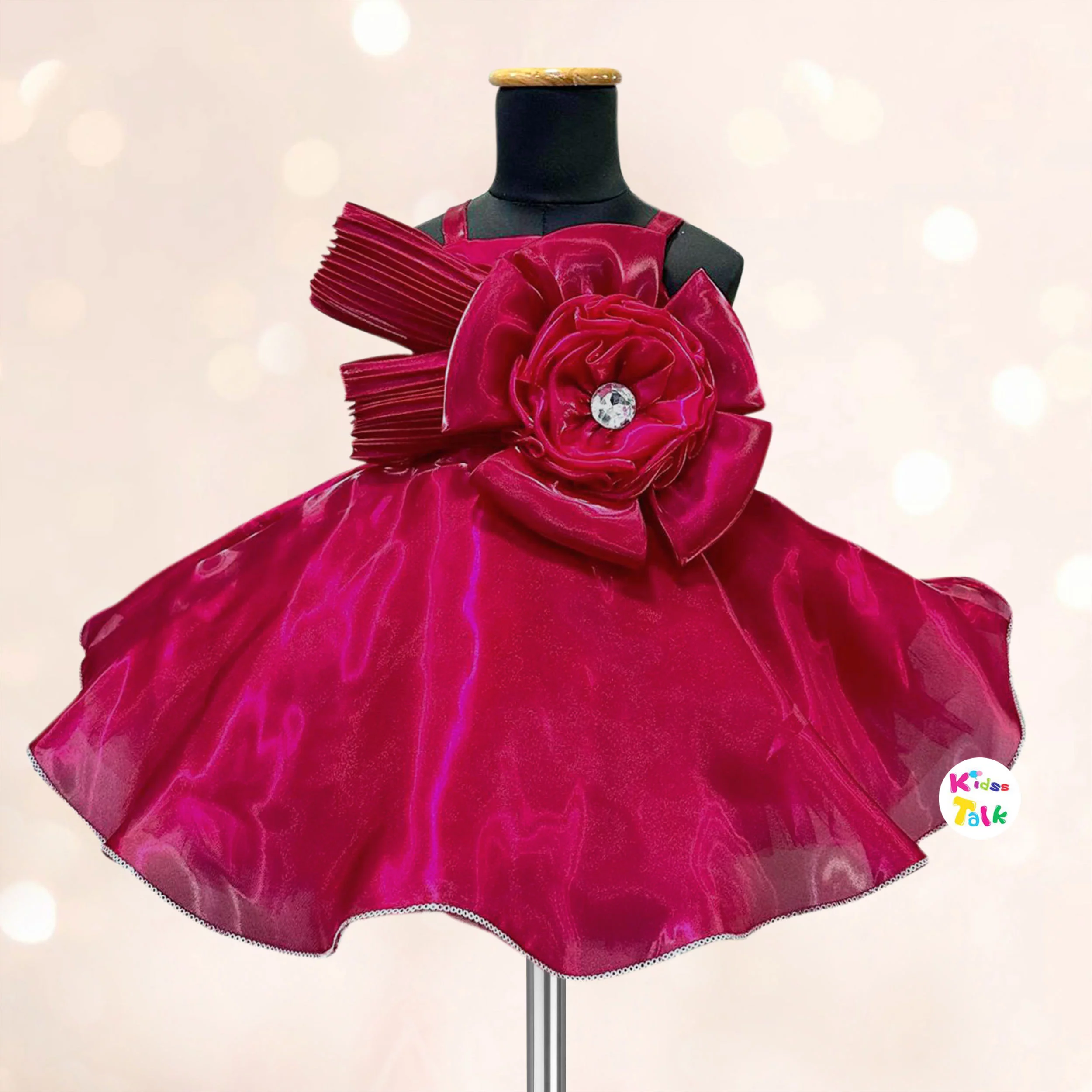 Satin Sleeveless Party Frock With Flower Applique - Hot Pink