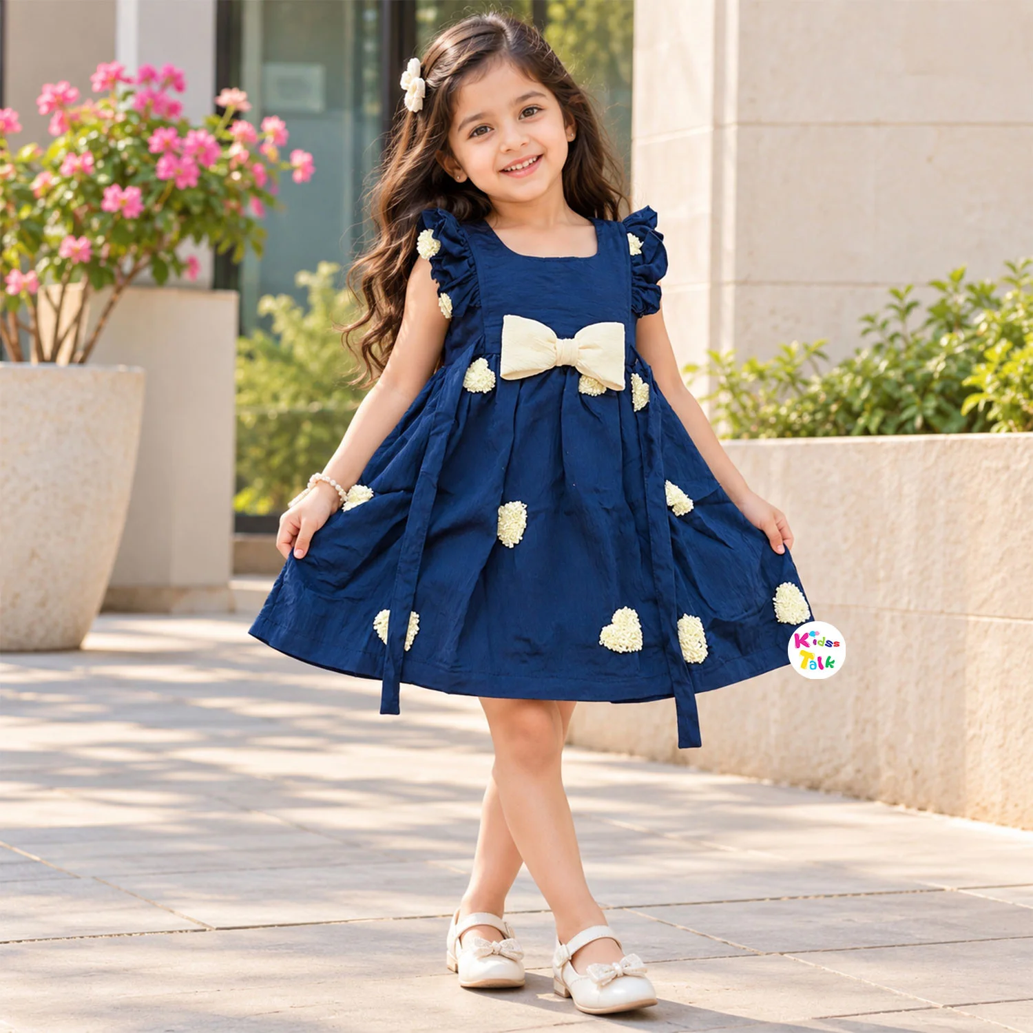 Cotton Ruffle Sleeve Frock With Embroidered Hearts And Bow - Navy Blue