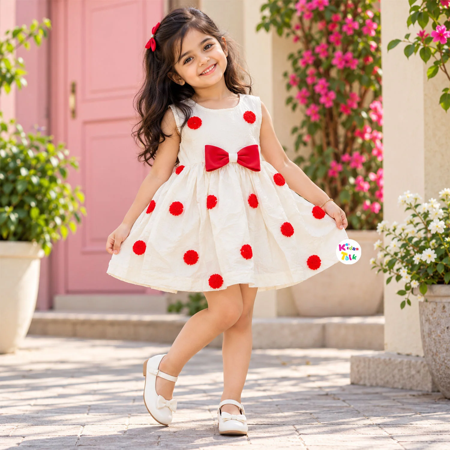 Cotton Sleeveless Frock With Polka Dots & Bow - Red