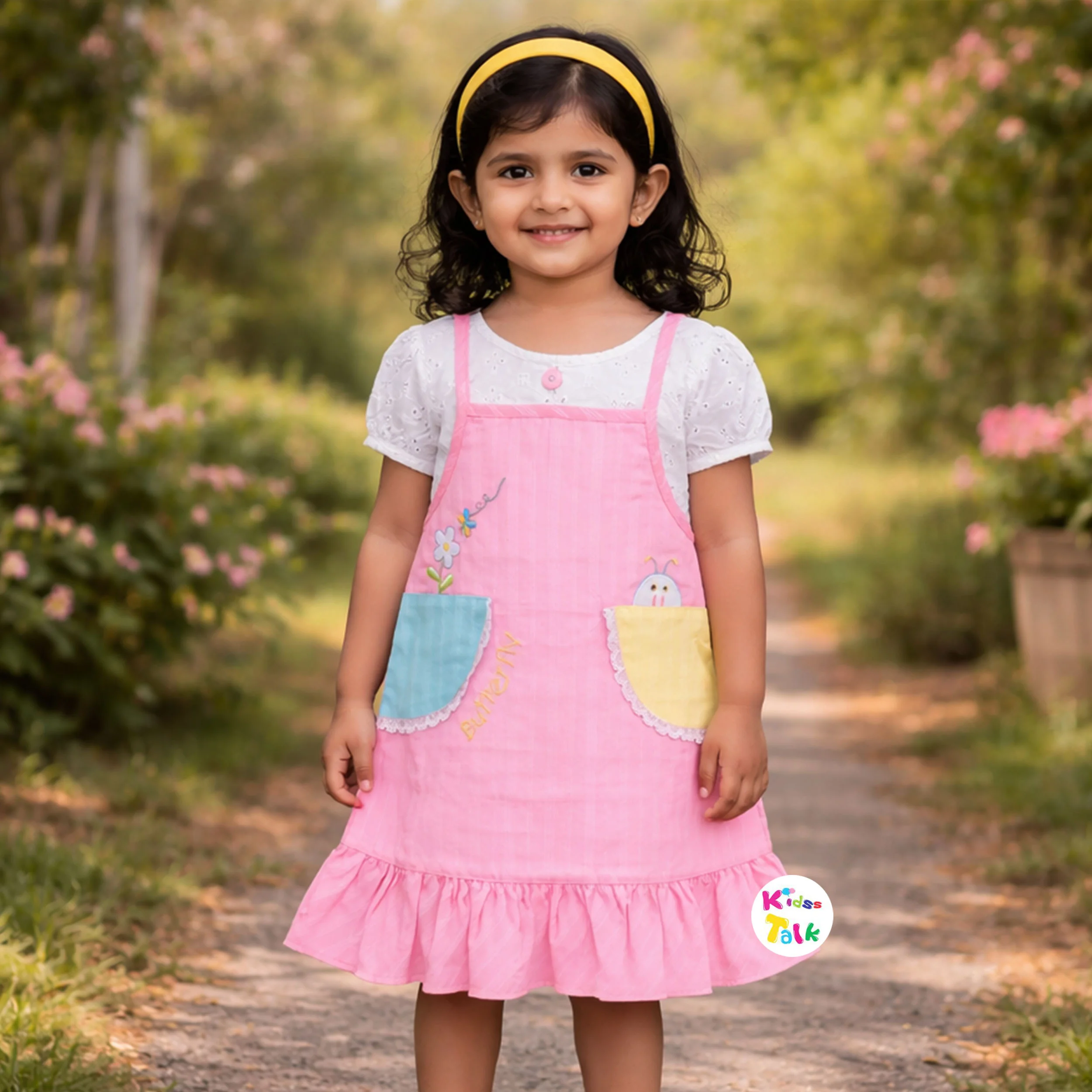 Cotton Half Sleeve Frock With Cute Embroidered - Baby Pink