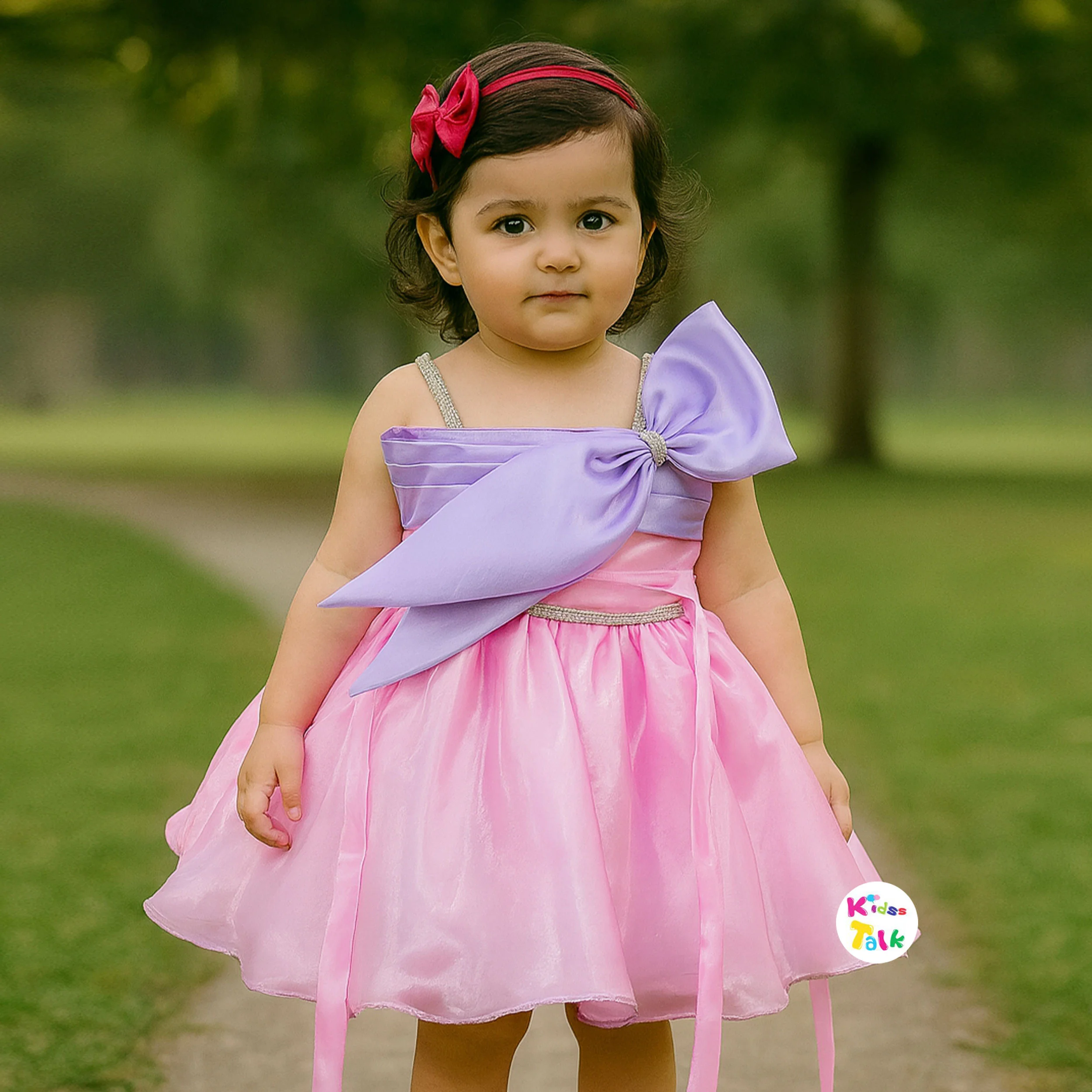 Satin Sleeveless Party Frock With Bow Applique-baby Pink