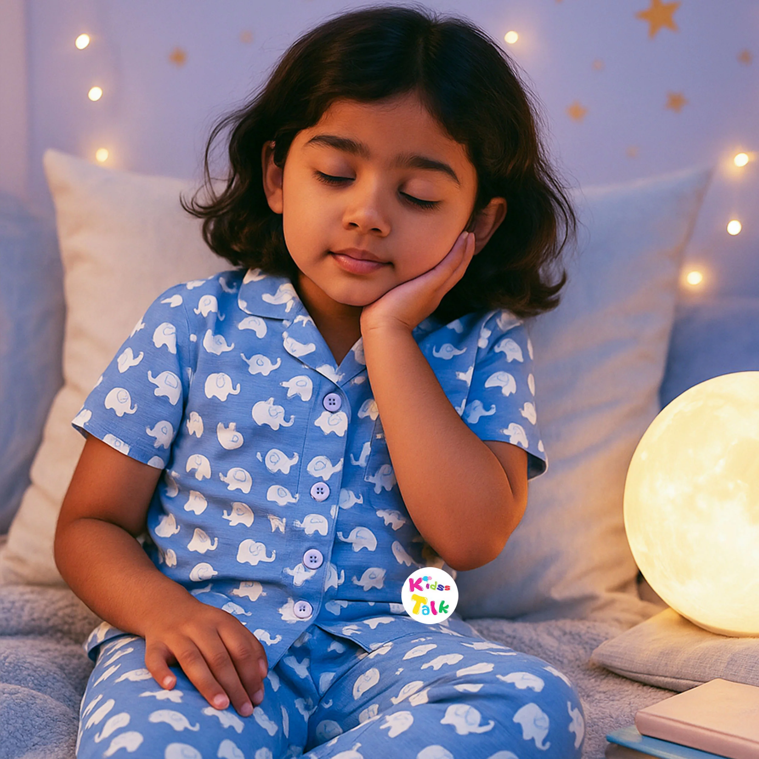 Soft Cotton Knitted Half Sleeve Night Suit With Cute Prints - Blue