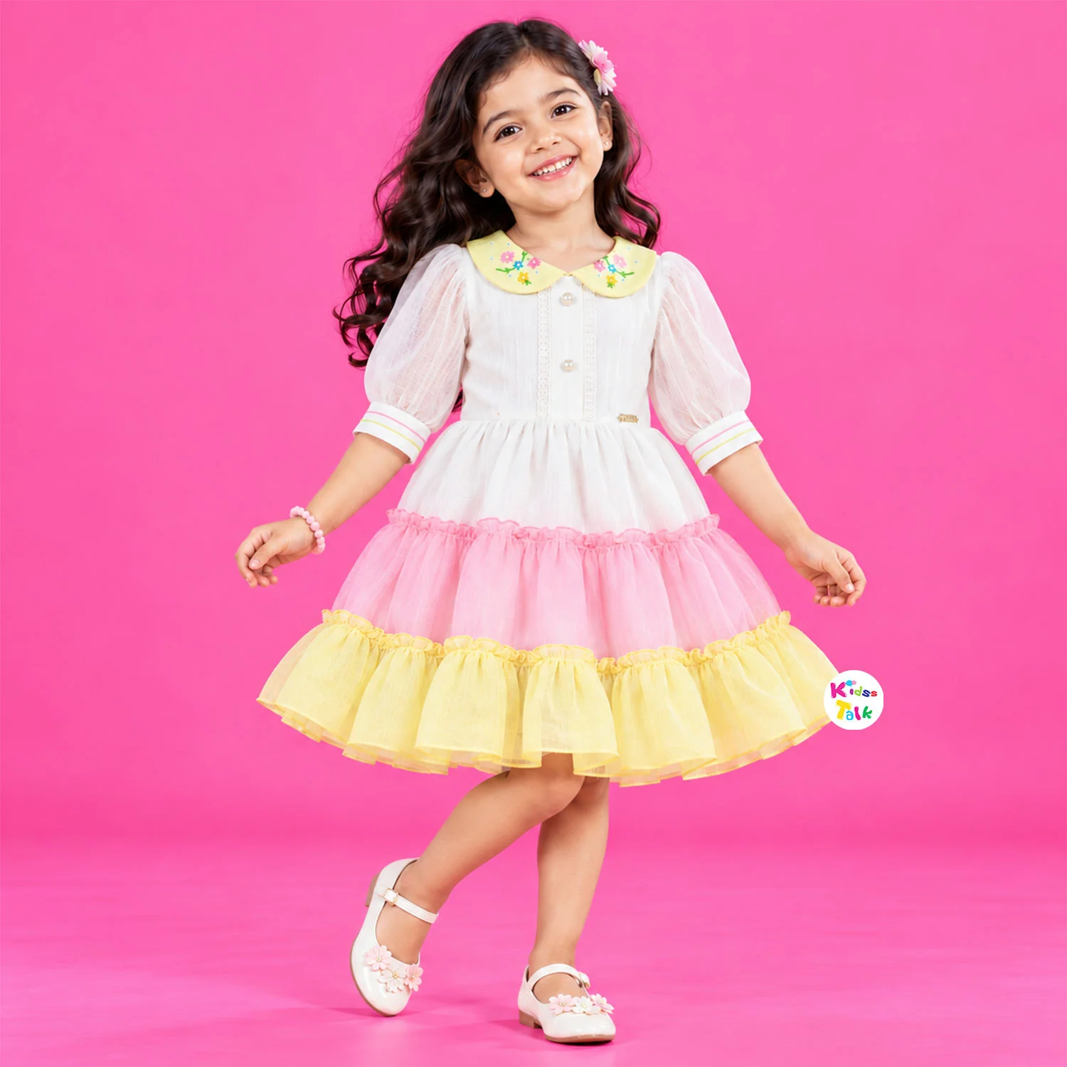 Poly Blend Full Sleeve Tiered Frock With Embroidered Collar - Baby Pink