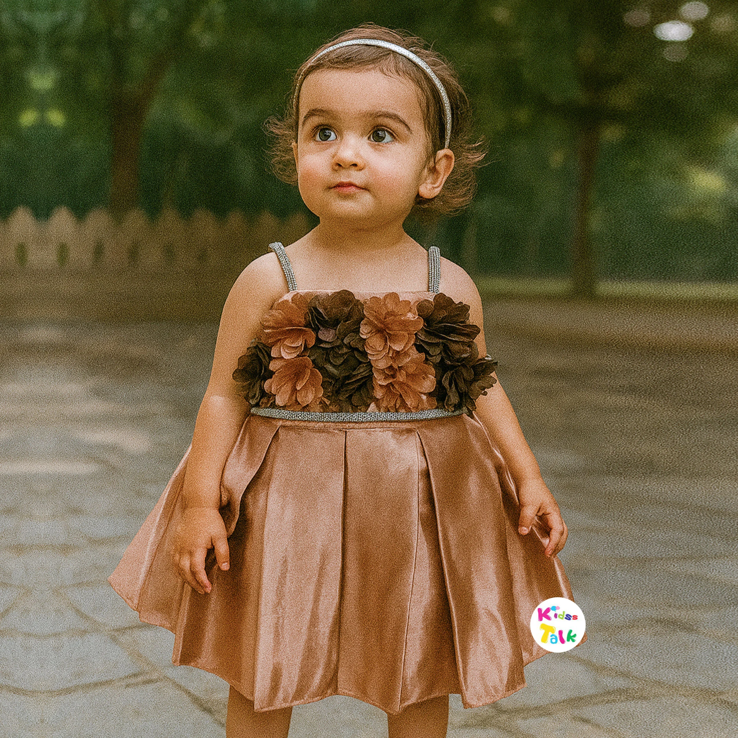 Satin Sleeveless Party Frock With Flower Applique-beige