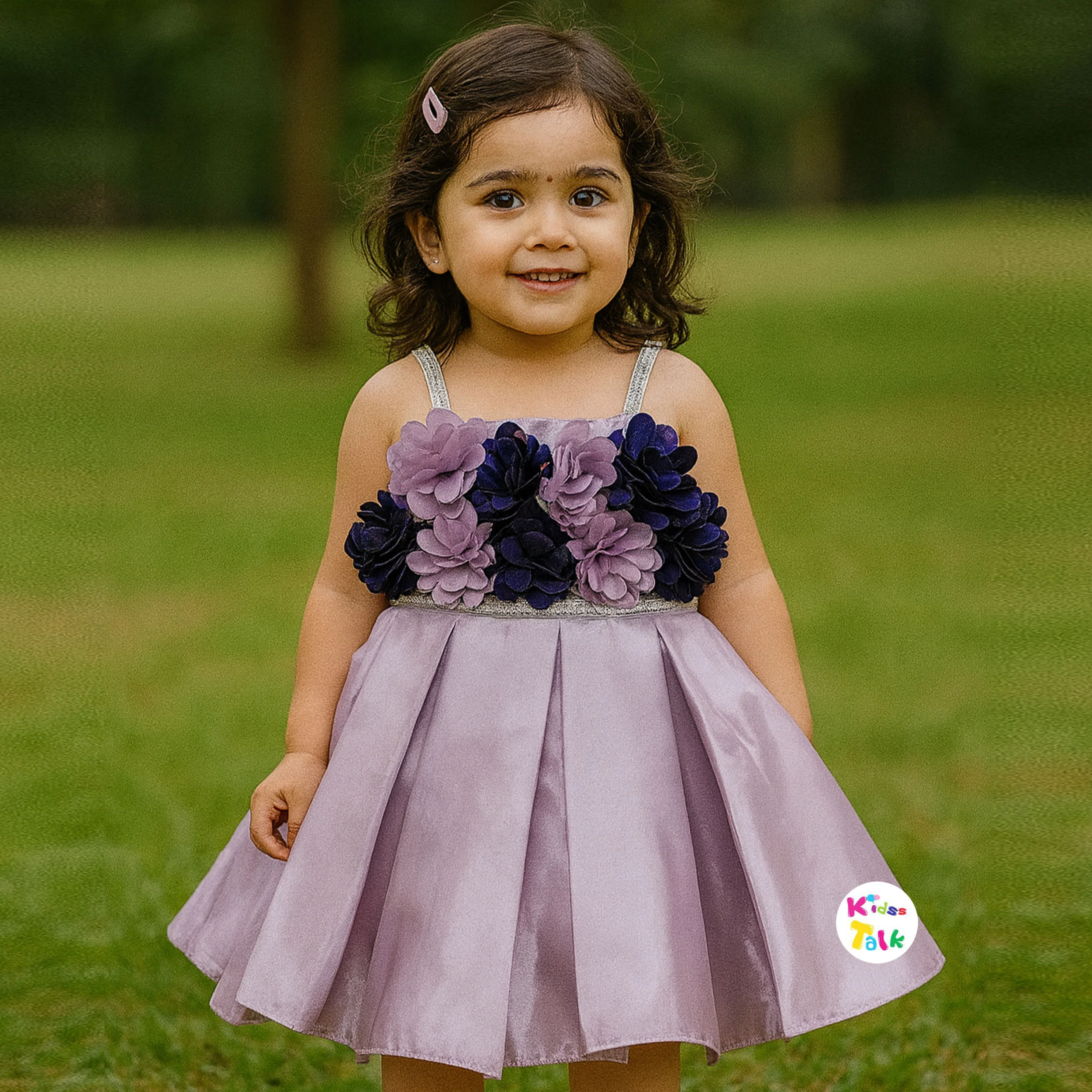 Satin Sleeveless Party Frock With Flower Applique-lavender