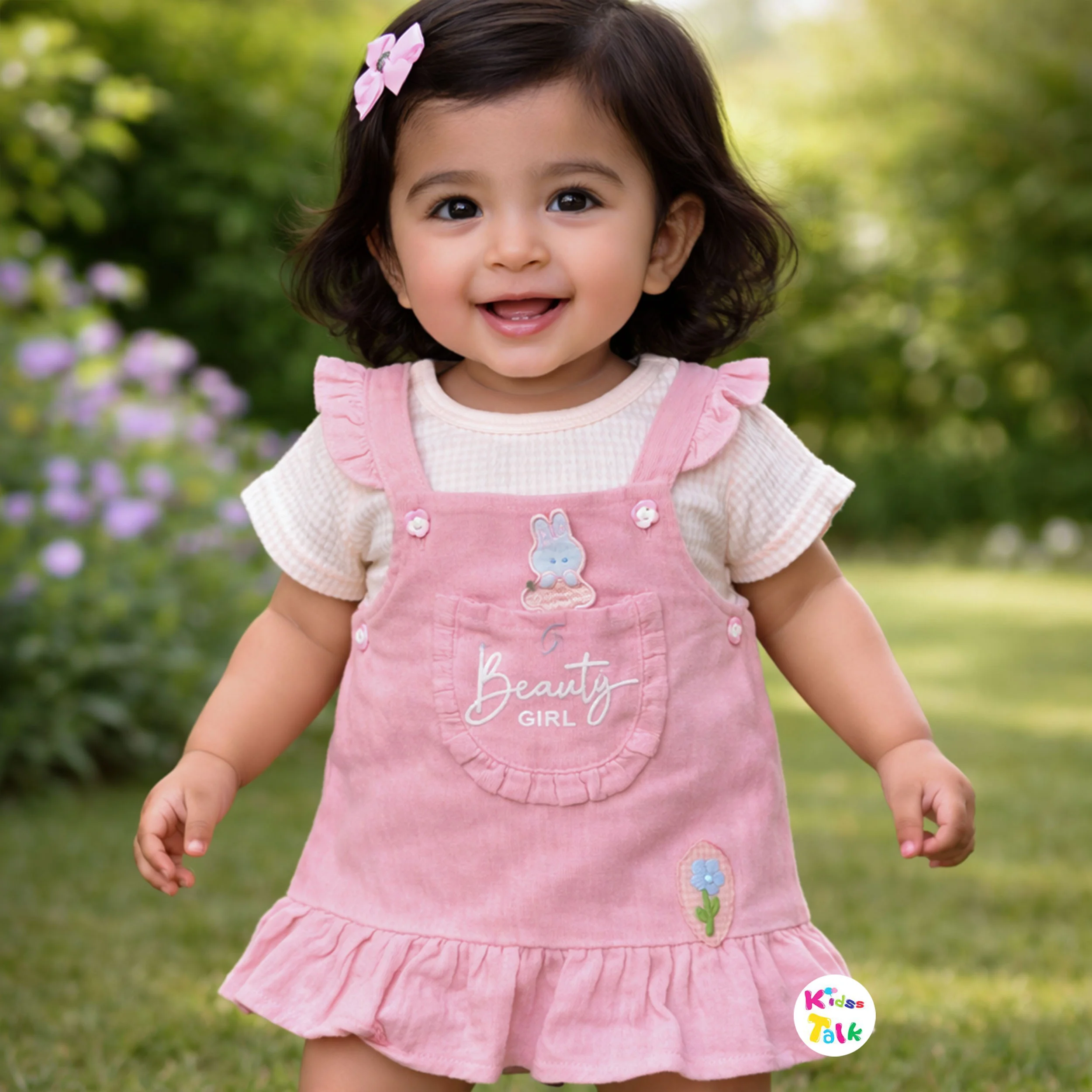 Cotton Knitted Half Sleeve Printed Pinafore - Baby Pink
