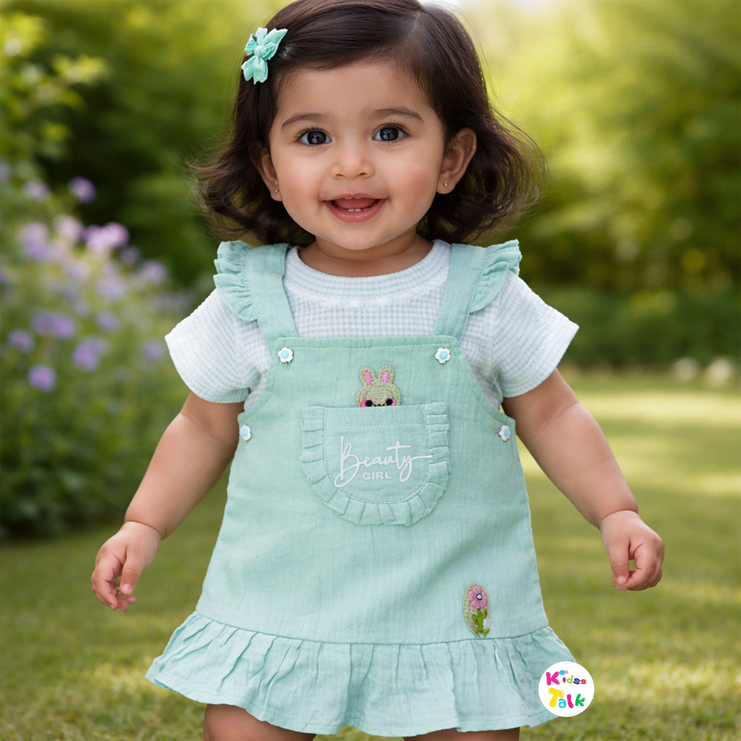 Cotton Knitted Half Sleeve Printed Pinafore - Mint Green