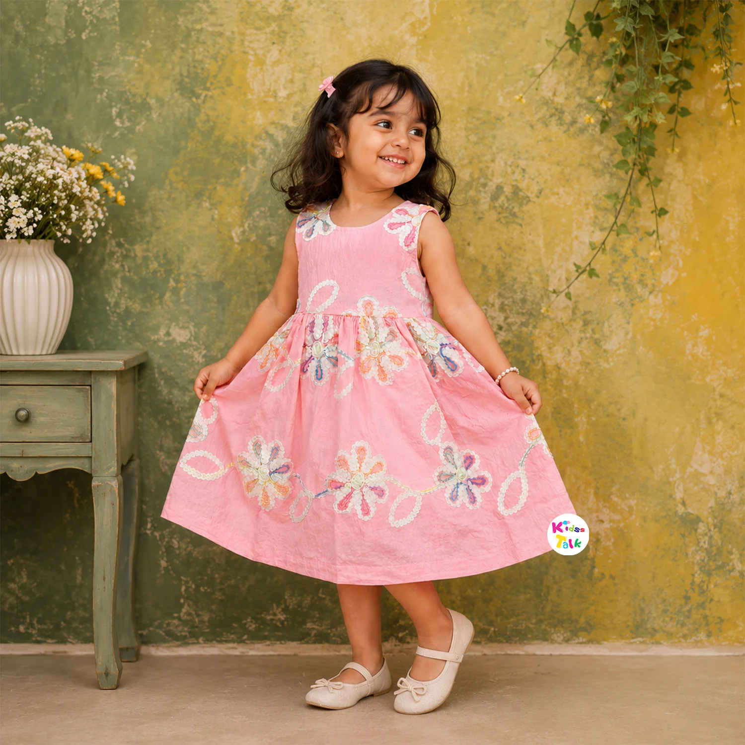 Cotton Sleeveless Frock With Cute Embroidery - Baby Pink