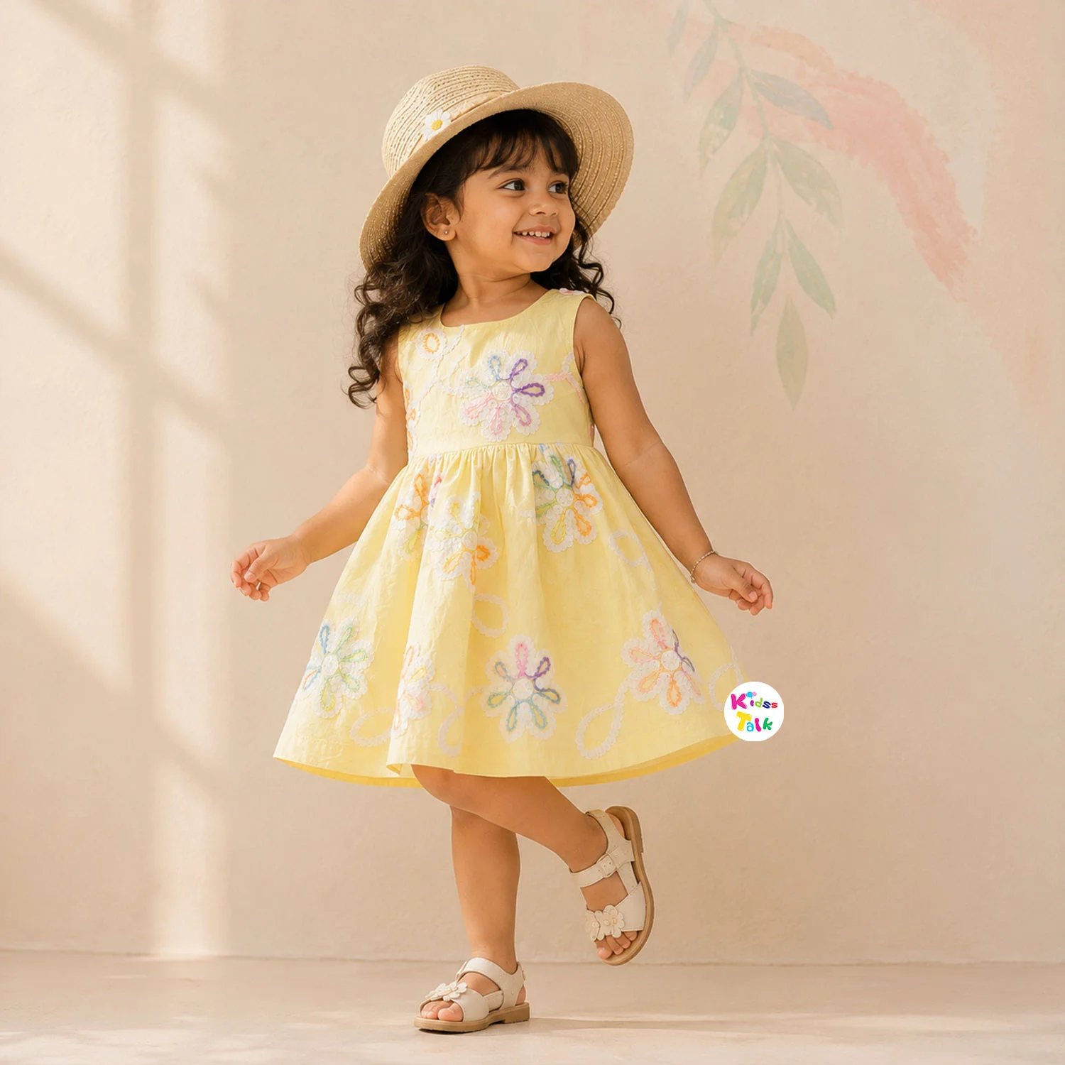 Cotton Sleeveless Frock With Cute Embroidery - Lemon Yellow